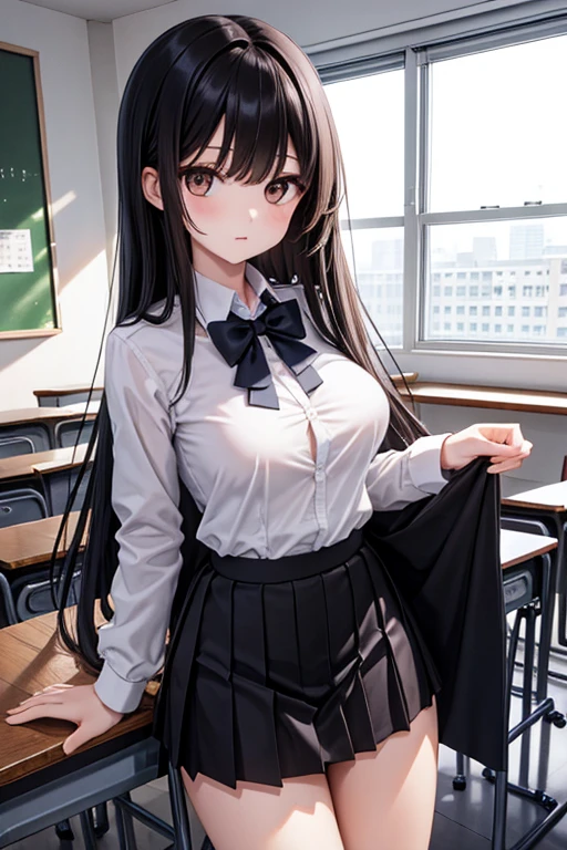 Highest quality, Japanese、Brown eyes、thin、expensive、8k、girl, High resolution,Black Hair、Long Hair、classroom、uniform、blouse、Black Skirt、Standing position、Left facing,Big Breasts