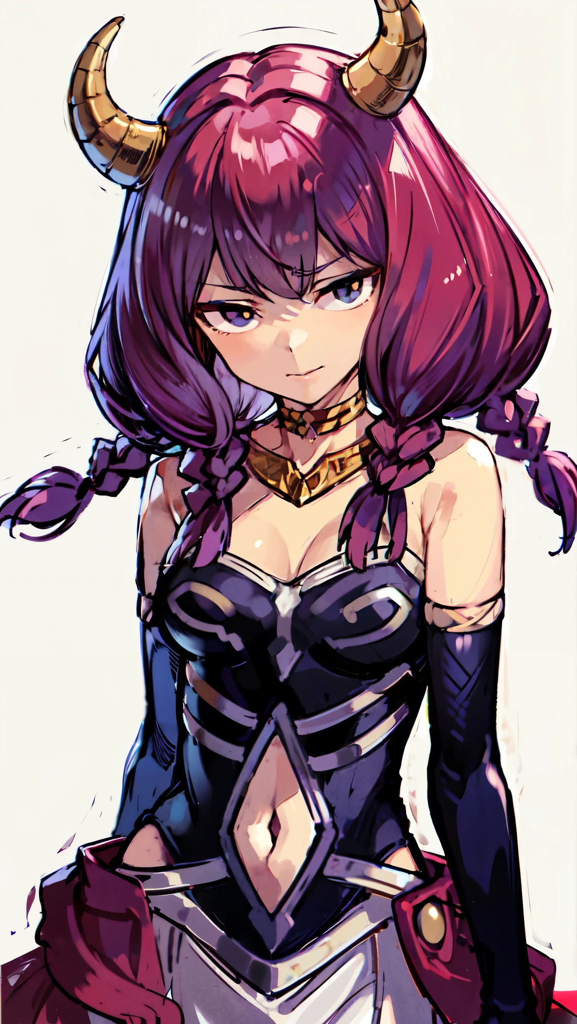 line drawing, simple background, POV, AURA, HORNS, LONG HAIR, LOOKING AT VIEWER, BRAID, GLOVES, TWIN BRAIDS, ELBOW GLOVES, NAVEL, BLACK GLOVES, CLEAVAGE, NAVEL CUTOUT, CLOTHING CUTOUT, White SKIRT, BARE SHOULDERS,、looking at view, jitome, Contempt