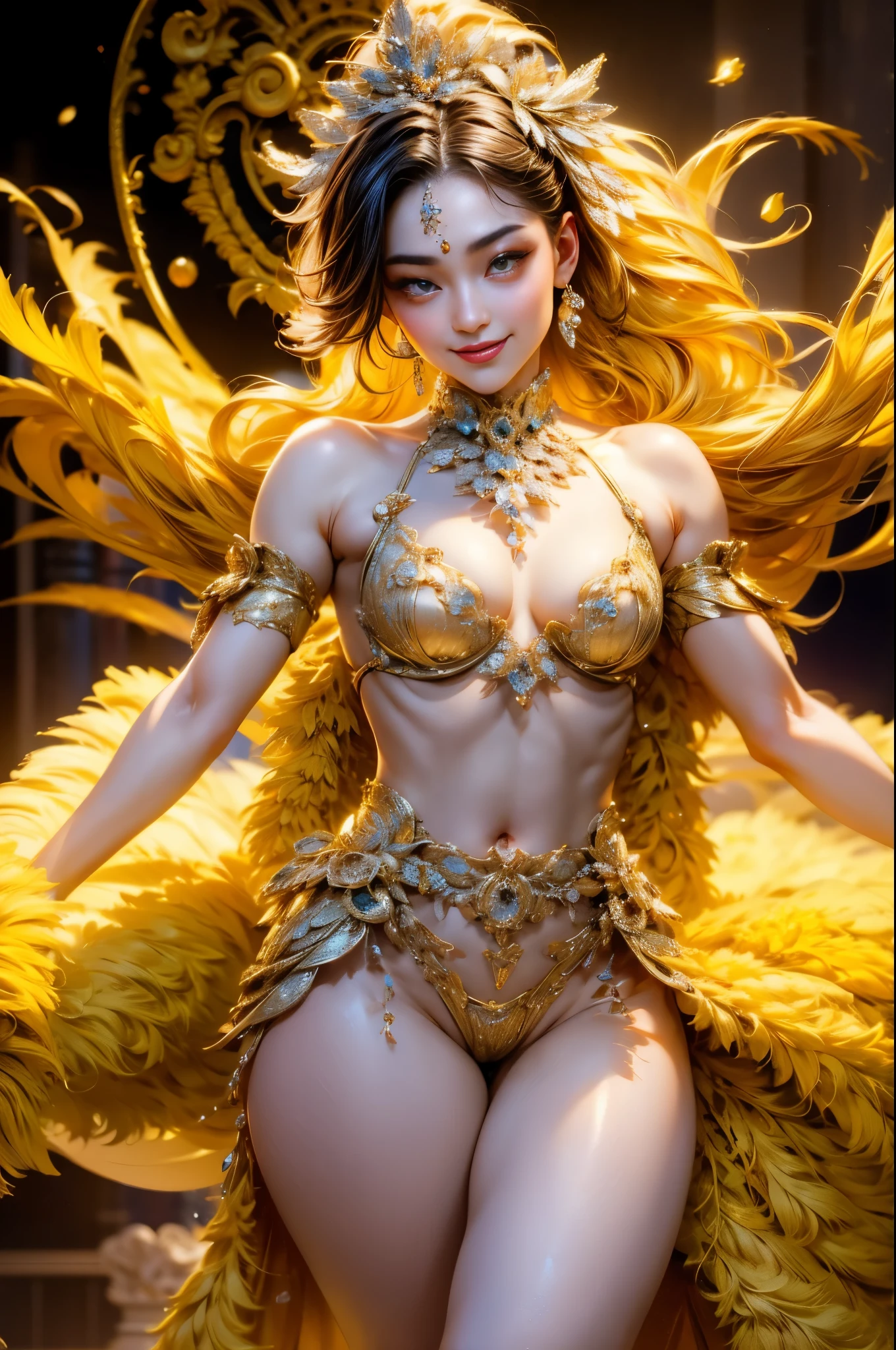 The vibrant 8K resolution image captures the 20-year-old Asian beauty mid-dance, her skin glowing under the vibrant Brazilian samba carnival lights. Her detailed face, with sparkling eyes and a lovely smile, is depicted in a thigh-high shot, with a blurred background highlighting her dynamic pose. She is wearing a flamboyant samba dance headdress and outfit. She is wearing a flashy, colorful outfit that accentuates her ample breasts, her beautifully braided trendy hair, and her sensual gaze that exudes seductive and sexy energy. This samba dancer's body is a masterpiece of proportion, from her slim waist to her wide, shapely hips, with her thigh gap and sexy thighs adding to her allure. As she changes poses, her golden-ratio face glows with golden light, highlighting her perfect features. The result is a visually stunning and seductive image, a true masterpiece of beauty and sensuality. Her beautiful face and beautiful hourglass figure are clearly visible in the lighting.