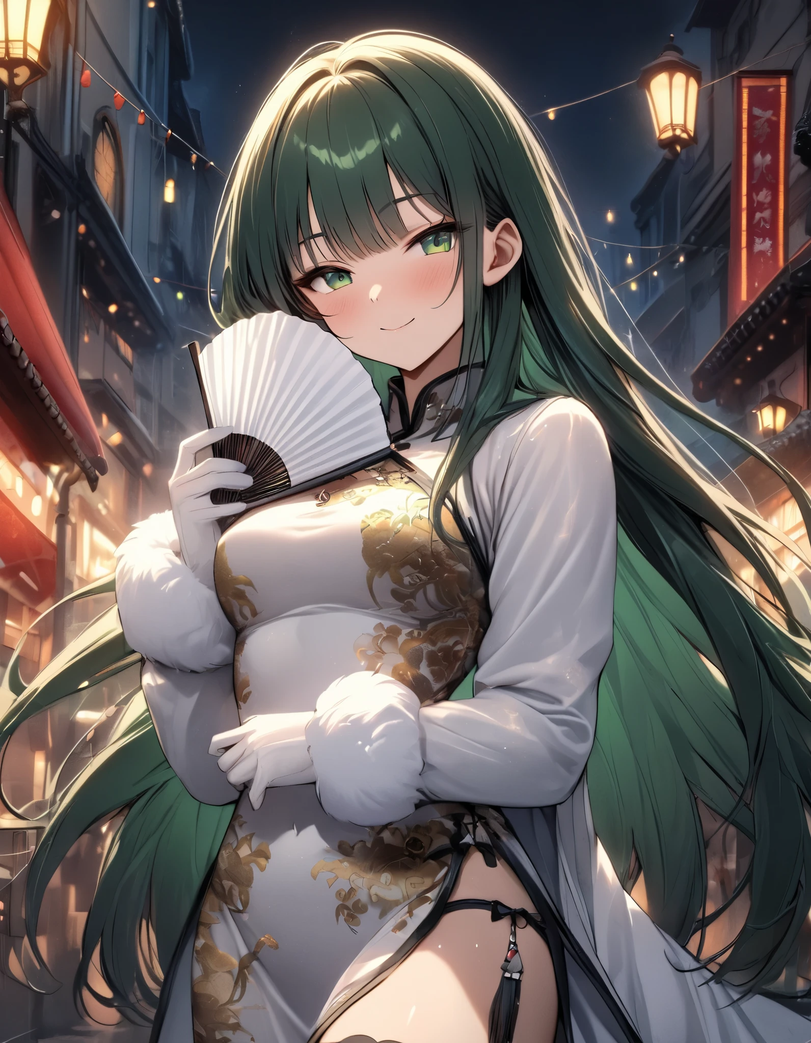 (masterpiece),(absurdres),(solo lady),(20-year-old),(shiny dark green hair),(dark green eyes),(straight long hair),bangs:1.1,(()),(middle breast:0.8),(()),(white china dress:1.2),(()),(long fur muffler:1.2),Silk gloves、(folding steel texture big-fan:1.2)、serious smile,half-closed eyes,closed mouth,(midnight china town background),Street lamp:1.1,cowboy shot,pantie stockings,AYANA