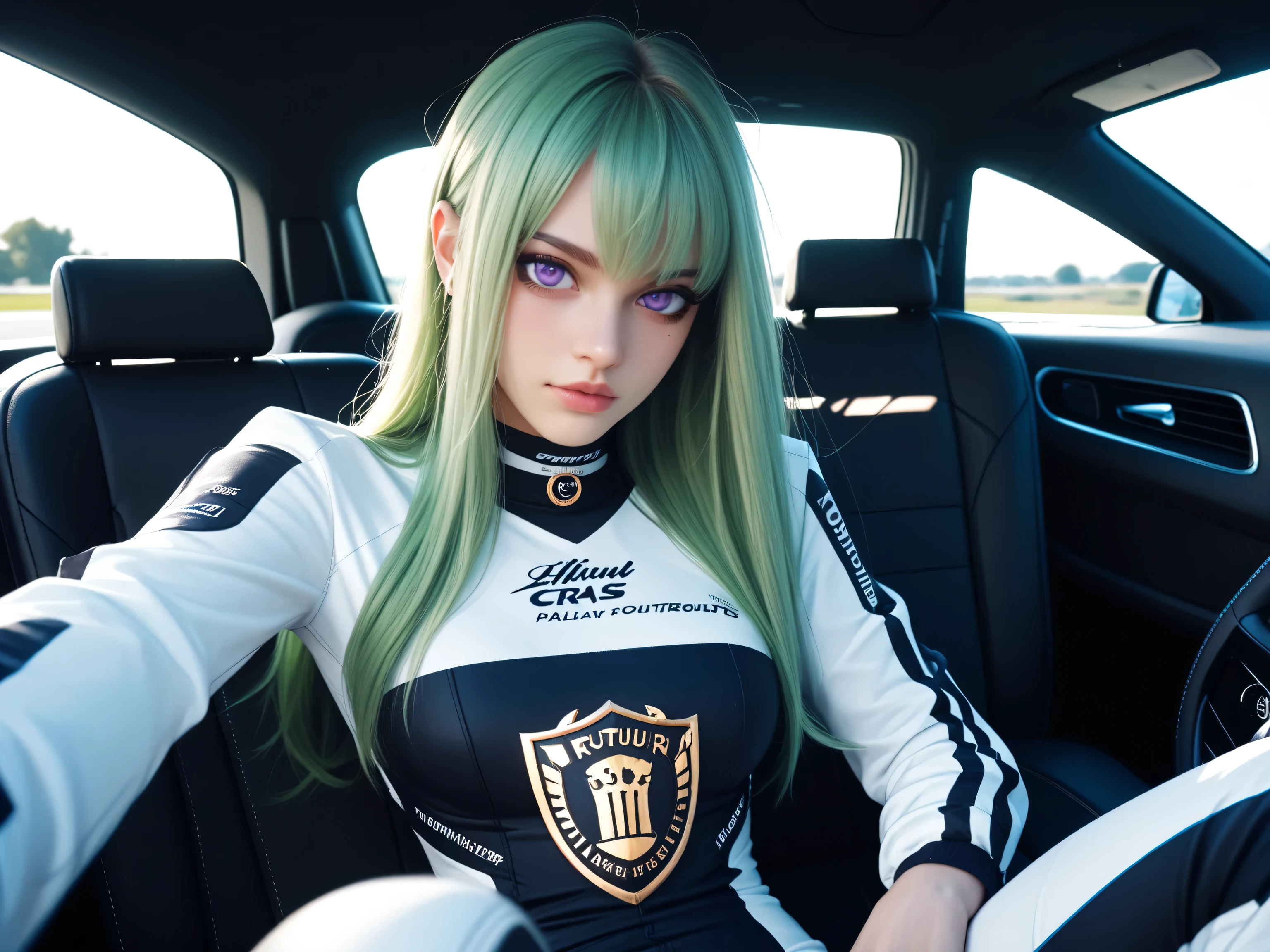  RAW photos ,  top quality,circuit、Subaru luxury cars、Sit in the car、 One Beautiful Girl、Green long hair、Purple Eyes、 pretty eyes、 slim、front、 Race Queen、clear、 smiles、 viewer's gaze、Winner&#39;s Trophy