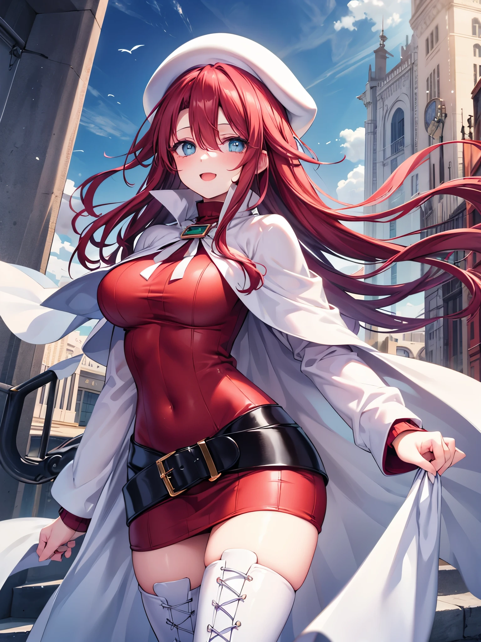 (best quality, In 4K, 8K, High resolution, muste piece:1.2),solo woman,Super detailed, (Reality, photorealistic, photorealistic:1.37), 30 year old woman,ripe woman,Mature woman,muste piece, Top quality, Ultra-fine,maximum resolution, Extremely detailed, ((nun,Angle from below,high neck,stripe panties,thigh high socks)),Cord,Seductive thighs,mini skirt,Iris,RED HAIR,RED EYES,