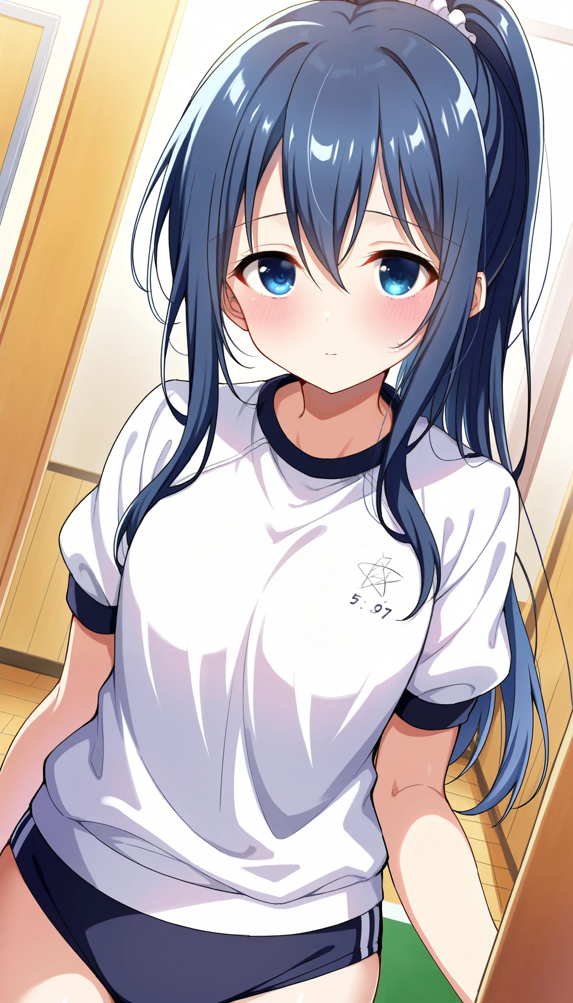 score_9, score_8_up, score_7_up, source_anime,yuki ona yukino, long hair, bangs, blue eyes, hair between eyes, blue hair, ponytail,(white gym shirt, short sleeve,gym uniform,dark blue buruma),
indoors,blush,
looking at viewer, cowboy shot, dutch angle,