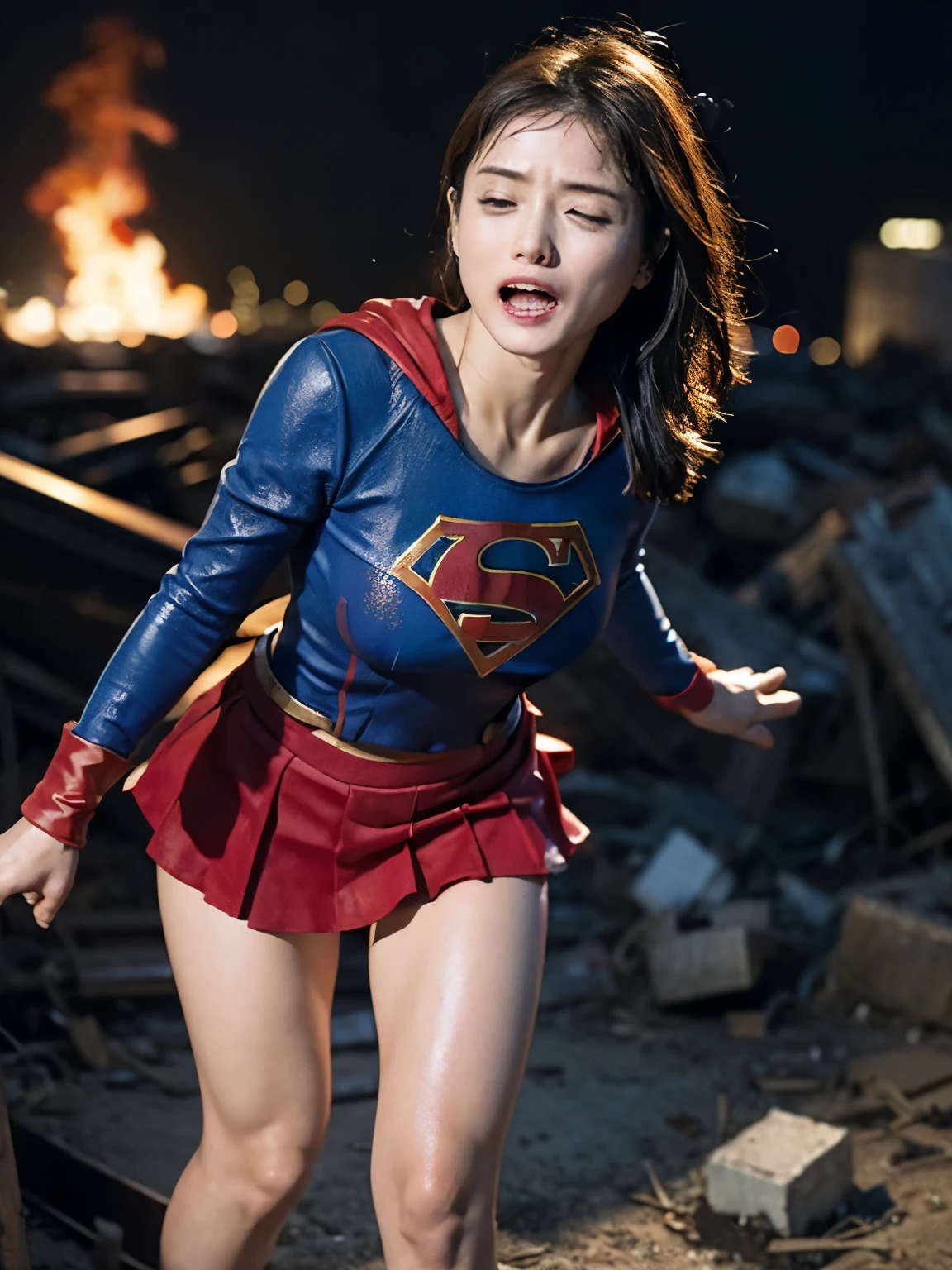 Supergirl, IshiharaSatomi, He is on his knees after taking heavy damage., A painful expression, destroyed metropolis,