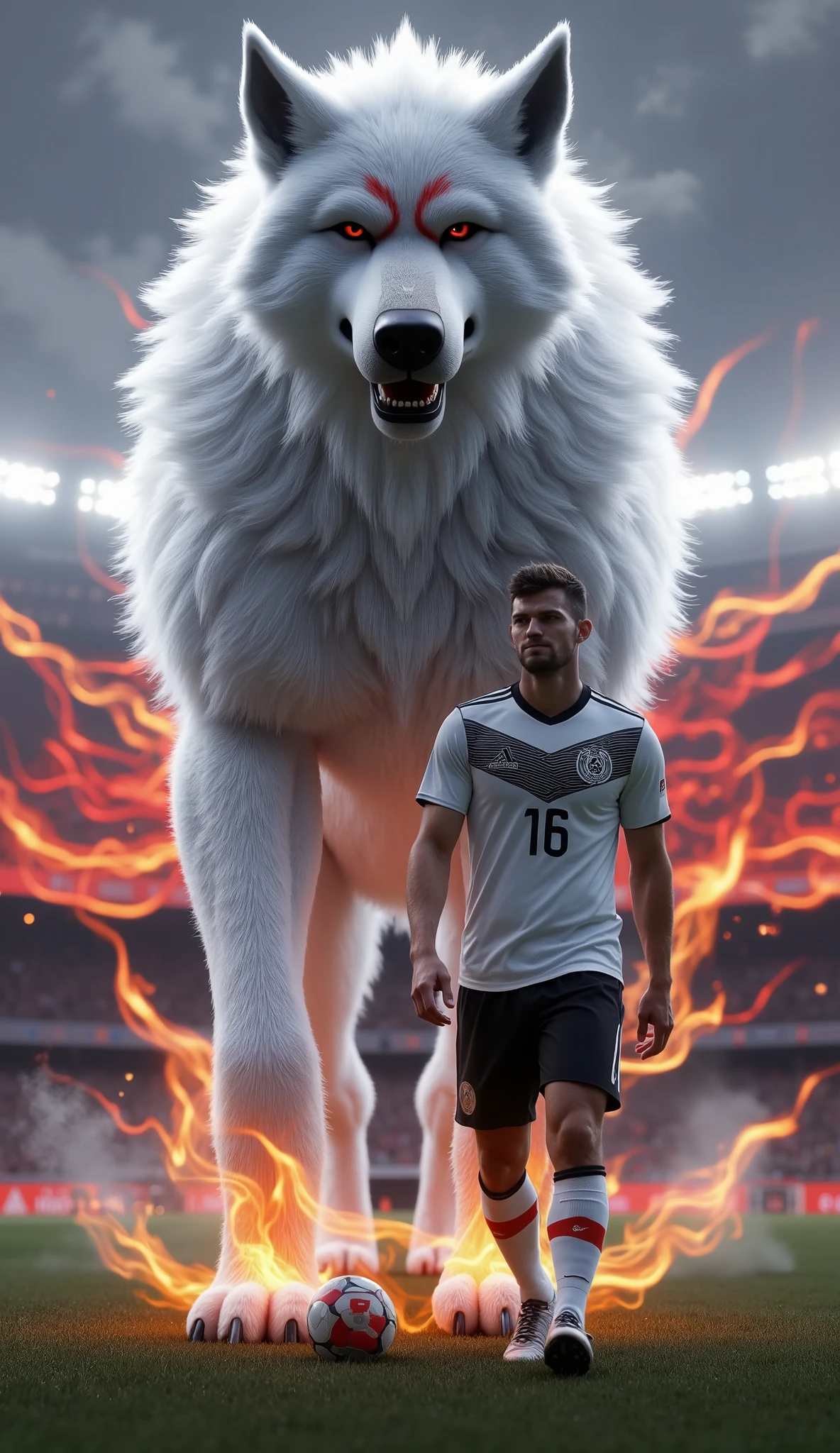 Germany (Thomas Müller)
"Thomas Müller walks in his white and black Germany jersey, accompanied by a towering huge wolf wreathed in flaming silver energy. The majestic Allianz Arena shines in the background, its exterior glowing in team colors."