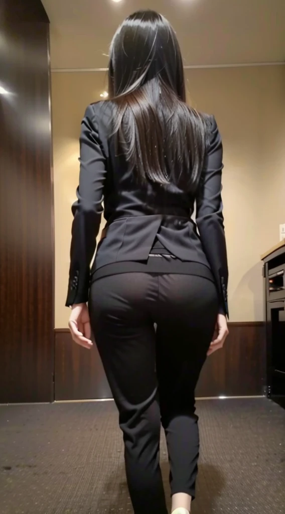 Best quality, masterpiece, ultra high res, (photorealistic), raw photo,1girl, skinny, upper body,solo, realistic, looking at viewer, long hair, bokeh background, (in the corporate office:1.4), brown eyes, topless black suit, (nsfw:1.4), (full body), medium breast, (back pose:1.4)