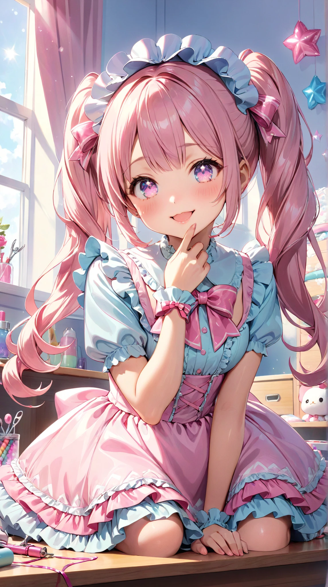 (8k, masutepiece, Best Quality, Official art, beautiful detailed, beautiful lighting, best masterpiece in history that exceeds limits), (1 Girl, solo), (16 years old), (beautiful detailed face), (shiny white skin), (Beautiful big bust, cleavage:1.3), (thighs:1.3), (beautiful detailed pastel pink twin tails hair, bangs:1.3), (beautiful detailed drooping pink eyes:1.5), BREAK, (beautiful detailed white and pastel blue stripe pattern cute Apron, white frill shirt, white frill skirt, bow ribbon, frill, ruffle:1.2), BREAK, (happy smile:1.3), (Attractive, Look at the camera, cute pose), (beautiful detailed fantastic cute room of magic candy house, decorated cookies and chocolate:1.5)