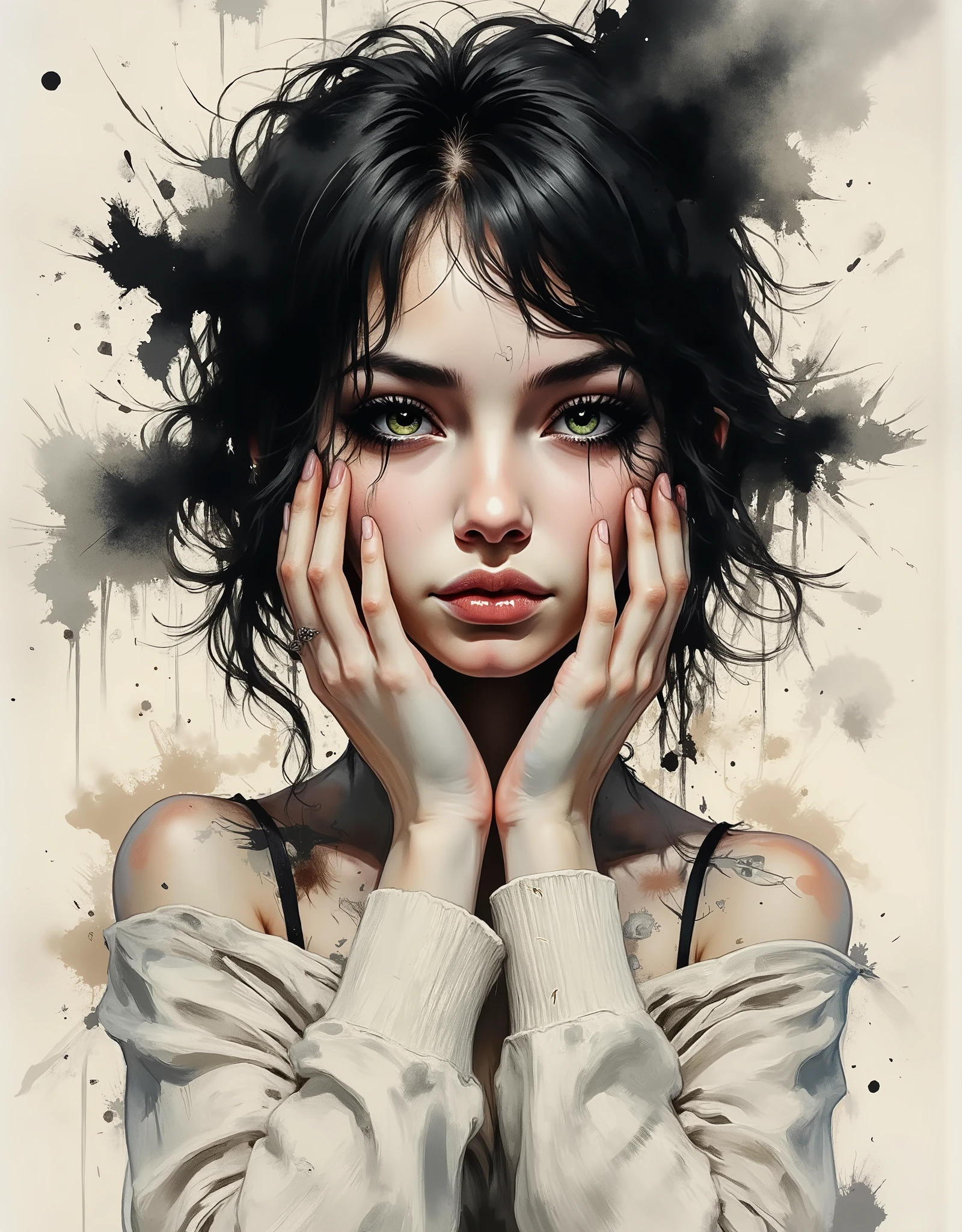 score_9, score_8_up, score_7_up, score_6_up,
fusion of watercolors and oil paintings, mix of monochrome and color, black ink. A beautiful woman with short, fluffy and messy hair, exuding a natural and casual temperament. Her eyes are bright, she is wearing a revealing loose off-white knitted sweater, the woman is slightly sideways, gently holding her cheeks with her hands, the corners of her mouth are slightly raised, soft warm tones background.Her expression is intense, with a slight smile. The textures are finely detailed, from the smoothness of their skin to the softness of their hair. The artwork combines elements of fantasy and gothic styles, with a focus on intricate details and a sense of depth and movement. clean line art, conveyed through expressive rough charcoal sketch marks on a distressed, old paper texture, with visible deckle edges and subtle tears, coming undone, into black ink, fading into the textured gray background. The woman’s bright, piercing green eye contrasts sharply against the chaotic patterns, evoking a sense of ethereal elegance. Her expression is intense, with a slight smile. The textures are finely detailed, from the smoothness of their skin to the softness of their hair. The artwork combines elements of fantasy and gothic styles, with a focus on intricate details and a sense of depth and movement. clean line art, conveyed through expressive rough charcoal sketch marks on a distressed, old paper texture, with visible deckle edges and subtle tears, coming undone, into black ink, fading into the textured gray background. The woman’s bright, piercing green eye contrasts sharply against the chaotic patterns, evoking a sense of ethereal elegance.