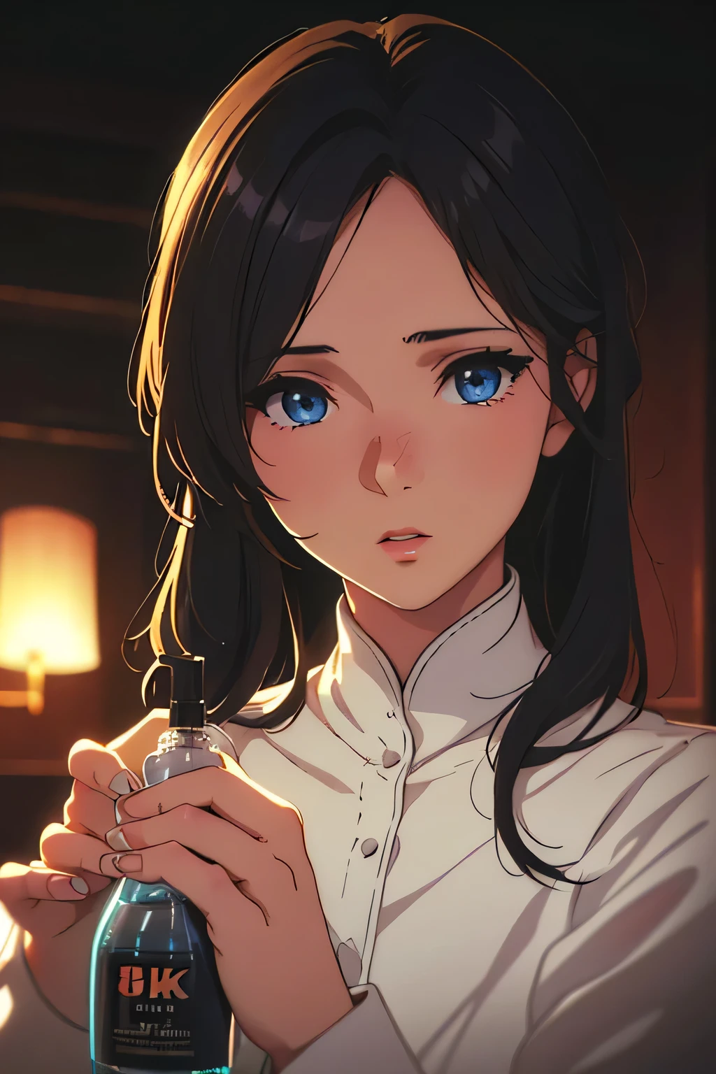 Top quality, in a room, teenage girl in white camisole, high resolution, beautiful details, serene atmosphere. Two braids of black hair, cute. High resolution, super detailed, fine details, highly detailed, beautiful woman, serene atmosphere, shoulders, skin tone (feels good, laughing, sweaty), 水を飲む, anime illustration