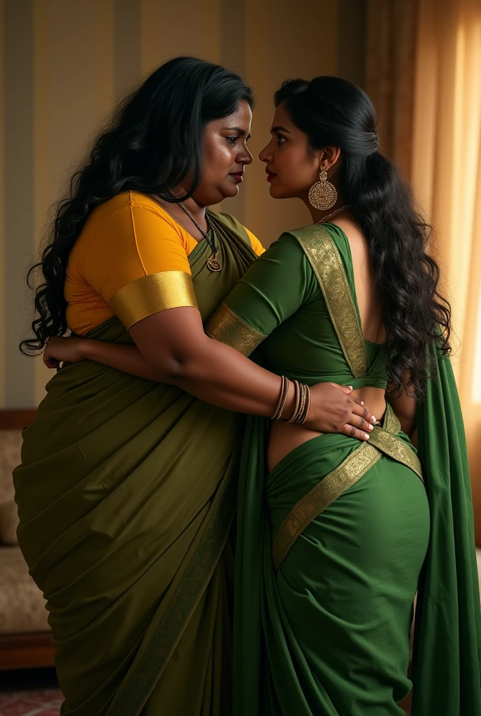 a 50-year-old shirtless man affectionately hugging and kissing aradiant, full-figured South Indian plus-sized 30 year old teacher wearing a blue silky saree in dressing room, captured in a full-body image with vibrant hues and meticulous details. Full body image