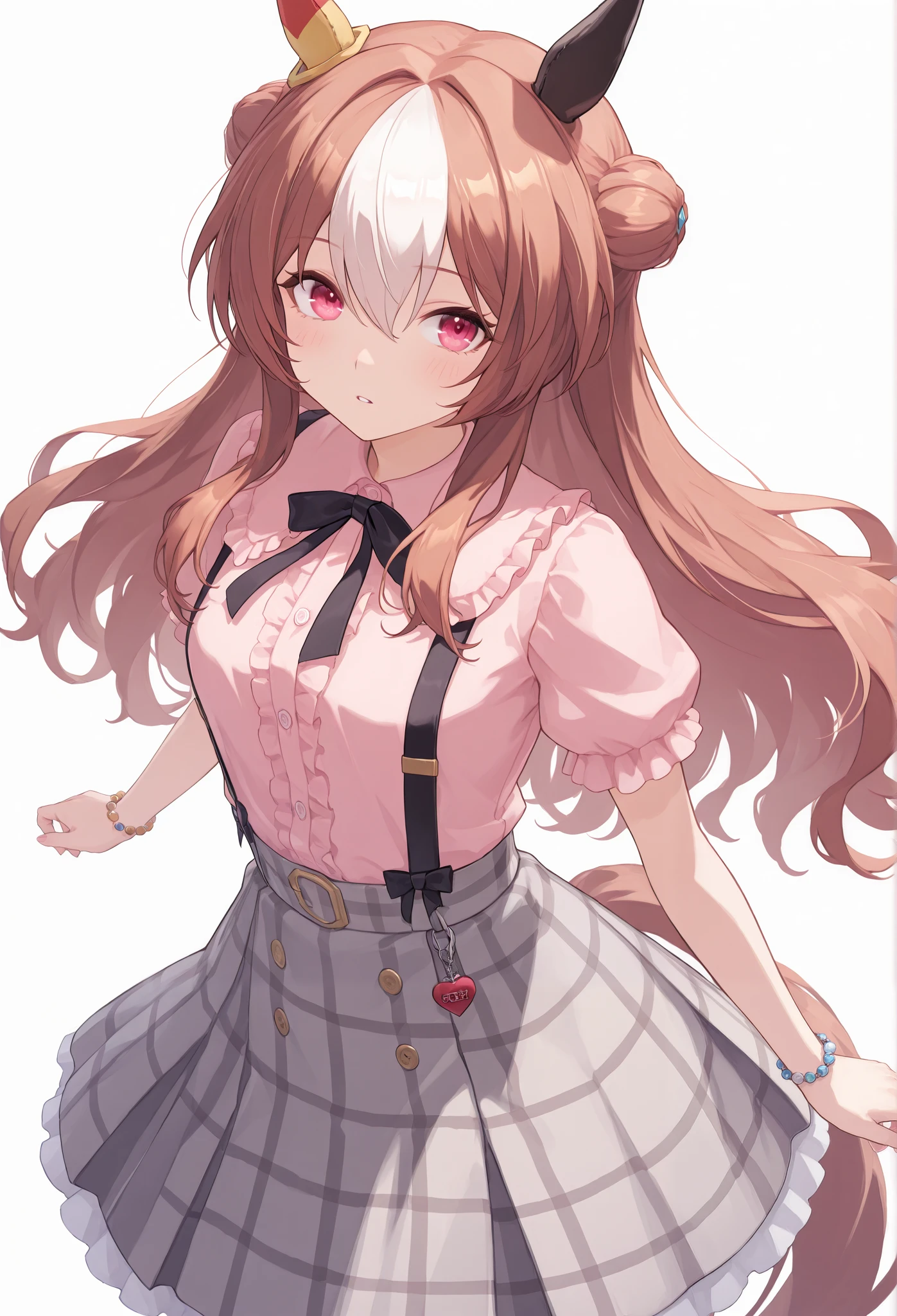 {{{Vulgar}}},(,( high resolution),( high resolution), ( Unity 8K Wallpaper),( Detailed image ,{{{Prostitute:1.6}}},{{ Kopano Ricky \( Uma Musume\ idebangs , pink_blouse, black_bow, ruffle_The condominium where the collar , plaid_skirt, grey_and_black_plaid, suspenders, buttons, lace_trim, heart_charm_bracelet, bead_bracelet
