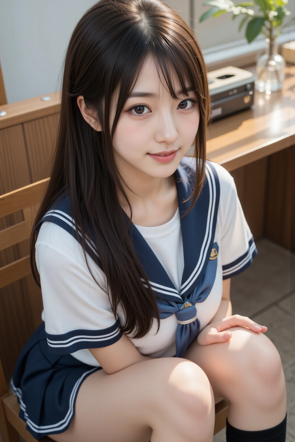 cute,,black hair,long hair,straight hair,with bangs,angelic smile,model,full breasts,breast grabface to face),on bed,summer sailor suit