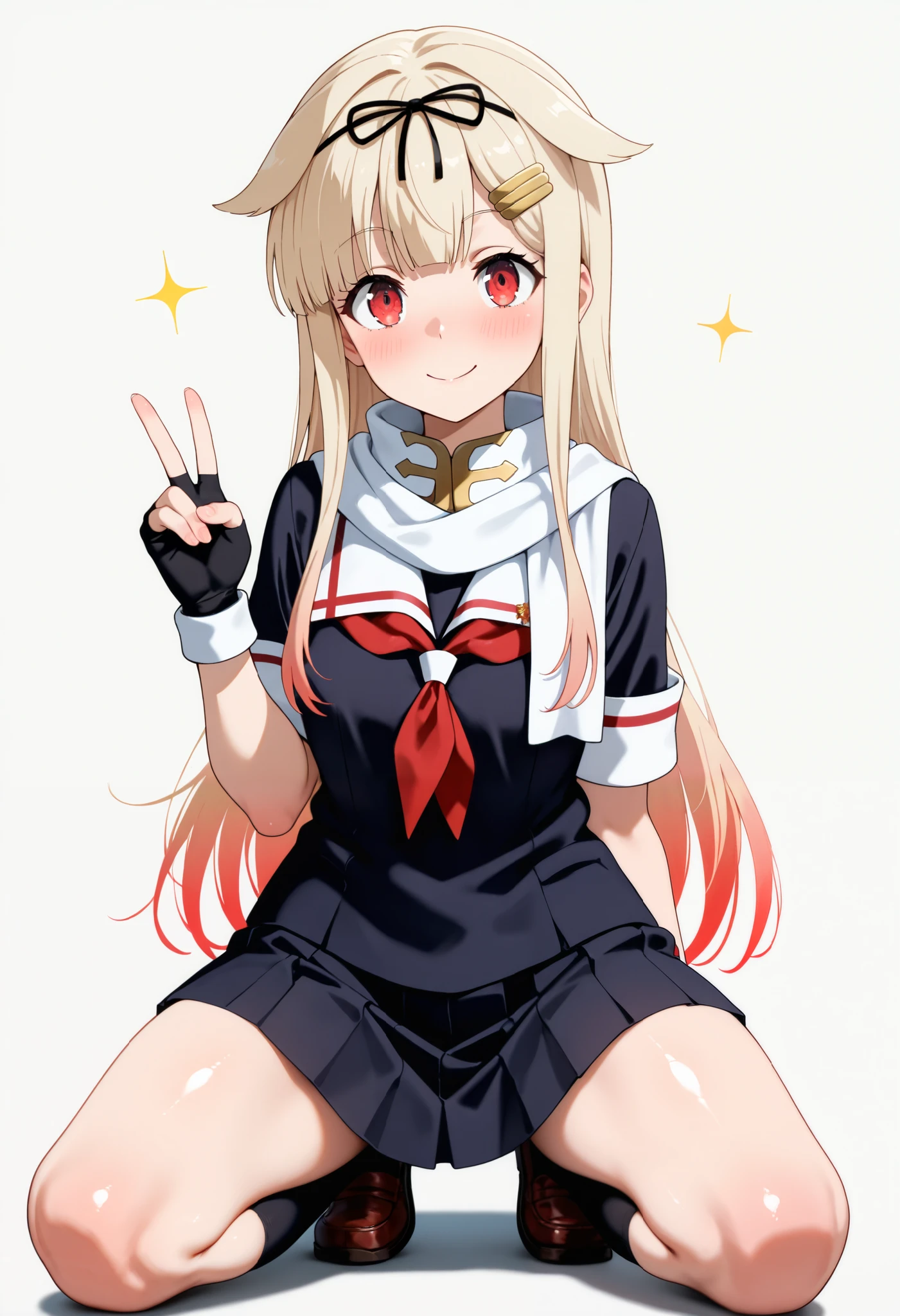 Highest quality, masterpiece, High resolution, 1 Girl, (Yuudachi Kai Ni Kantai Collection:1.15), Long Hair, Blonde, Red eyes, ribbon, smile, Black Sailor Suit, Pleated skirt, Classroom Background, Slender body, Full body portrait, Skirt flip, (White panties), Squat, (Flashy underwear),
