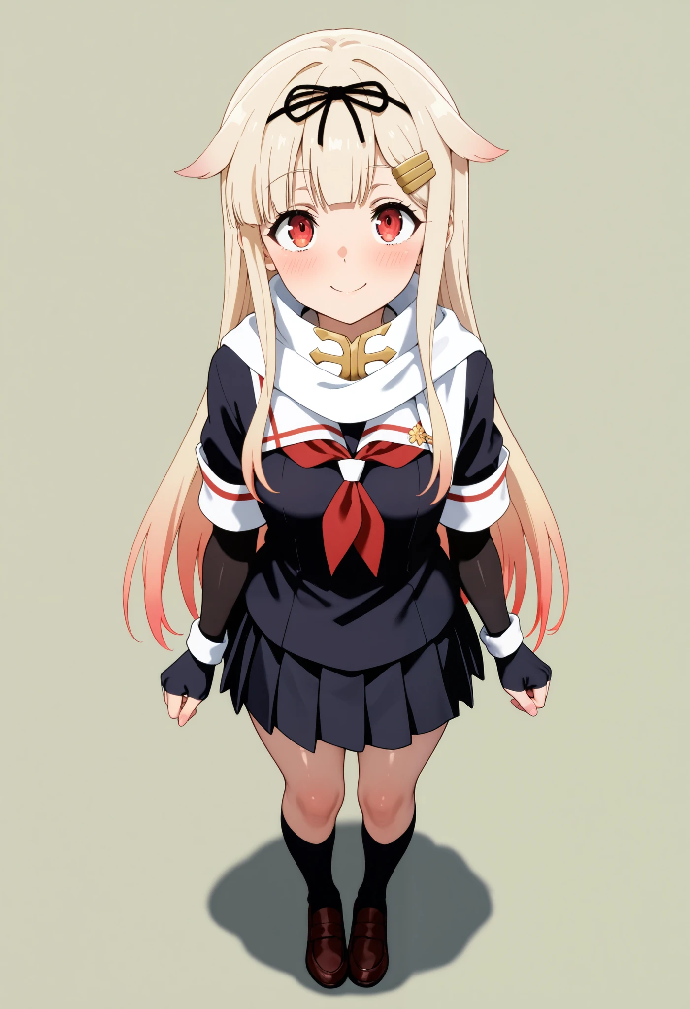 Highest quality, masterpiece, High resolution, 1 Girl,  (Yuudachi Kai Ni 　Kantai Collection:1.15), Long Hair, Blonde, Red eyes, ribbon, smile, Black Sailor Suit, Pleated skirt, Classroom Background, Slender body, Full body portrait, Skirt flip, (White panties), Squat, (Spread your legs),