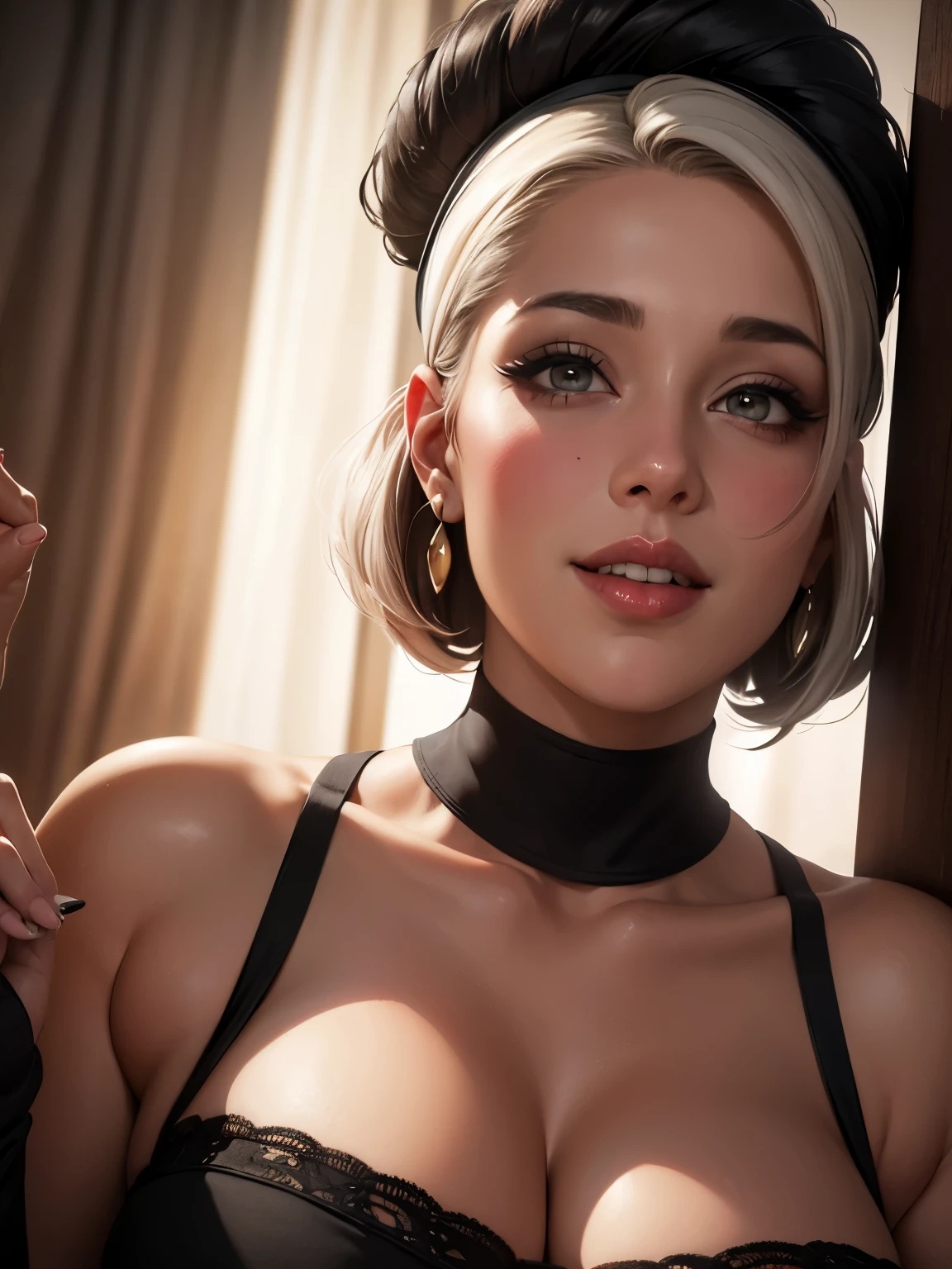 twinrova, dark skin, yellow eyes, makeup,elemental hair, fire, ice, black corset, looking at viewer, evil grin, aroused, close up shot,
interior of a bedroom, standing, extreme detail, fantasy, masterpiece, beautiful quality, <lora:Twinrova03:1>
