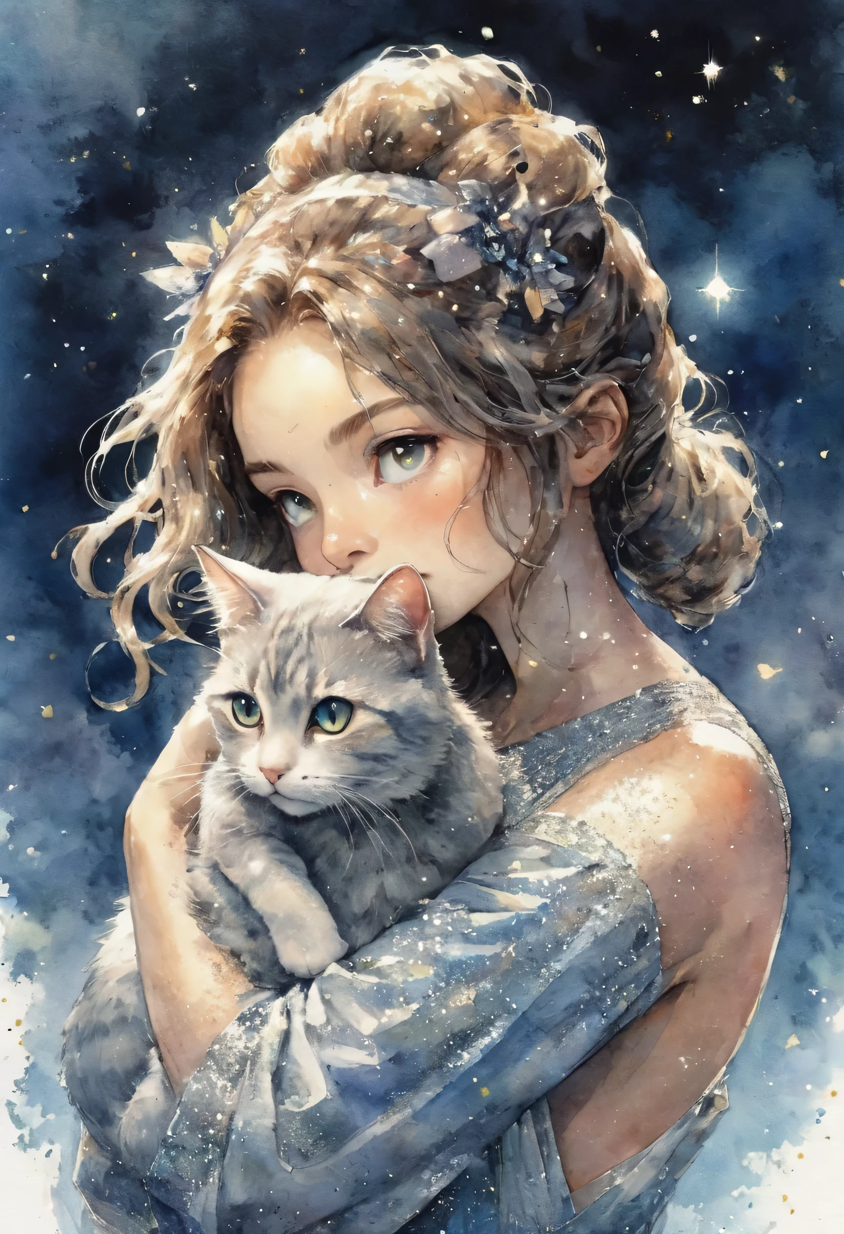 Terada Katsuya Style 、Manga comic , graphic arts, Lithography , watercolor、Light source from below、 greatest masterpiece in history 、 glitter、Ultra high definition 、Beautiful girl and cat are hugging