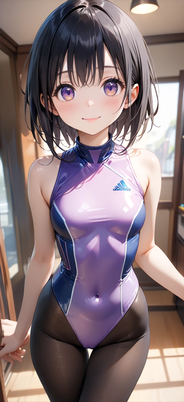 One piece type competitive swimsuit Black Bob Hair Great style blush smile Directly facing