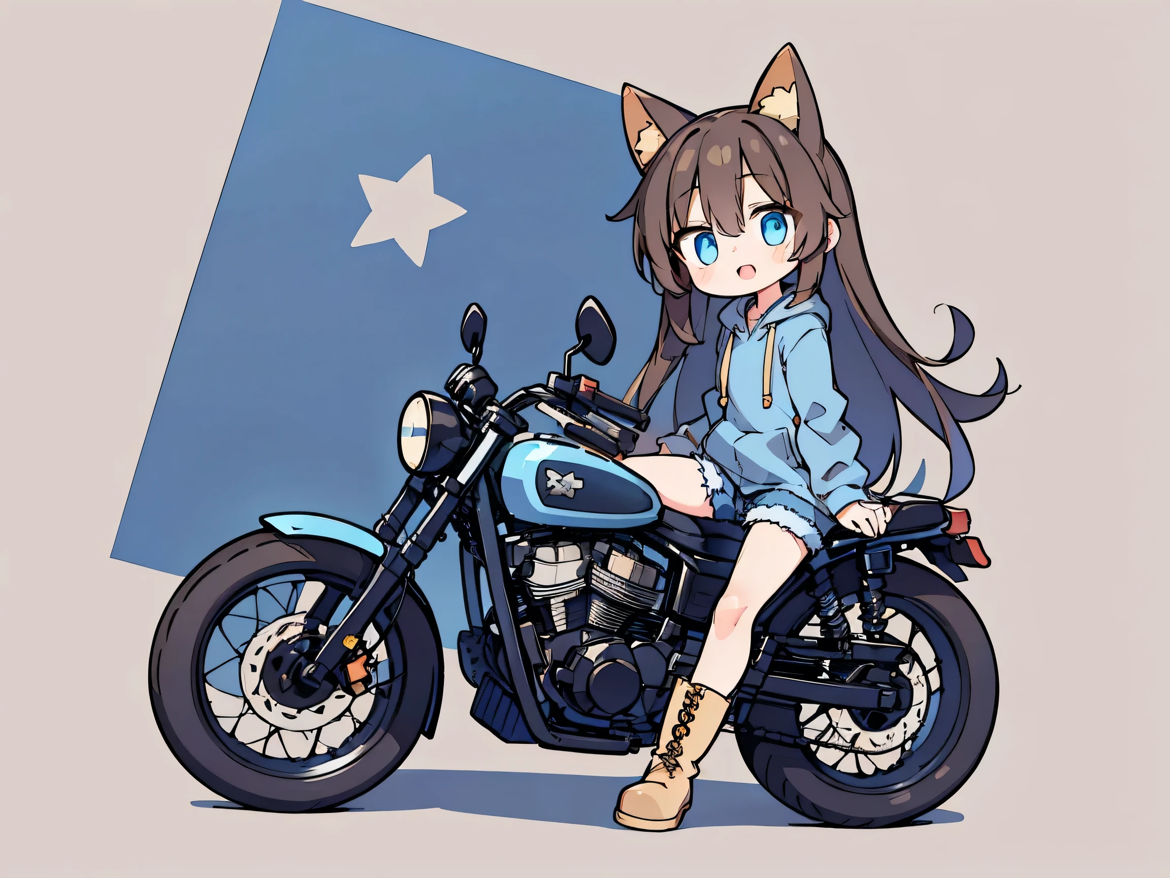 petite girl、Fox Ears brown hair、blue eyes、 long hair、 double teeth、dark blue denim、 beige hoodie、 boots、I'm riding a dark blue motorcycle、 simple background、 high definition