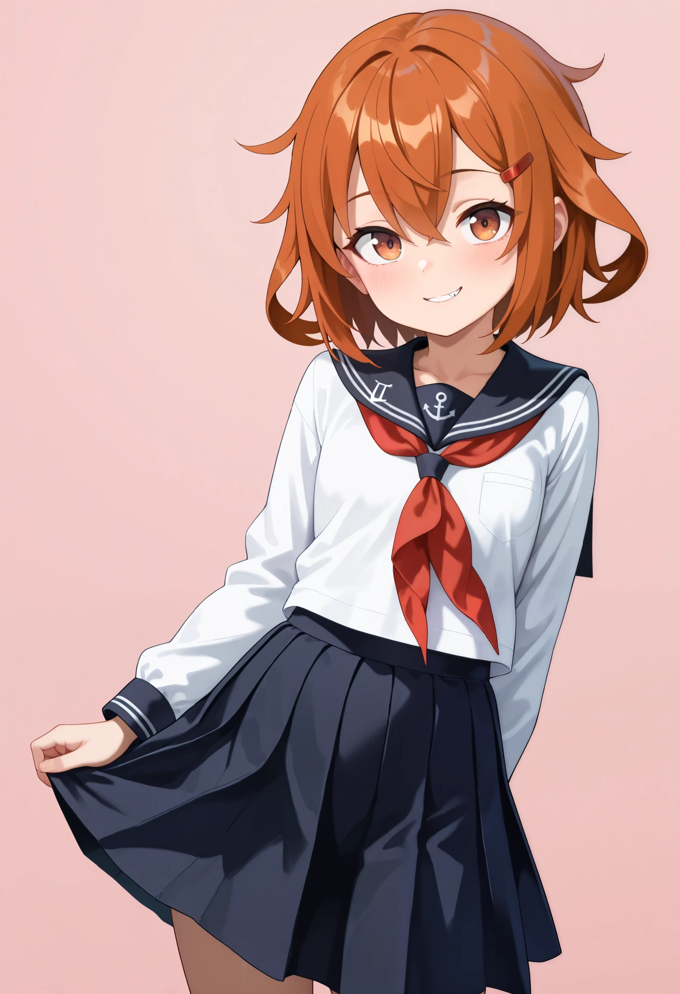 top quality, Amazing Quality , very aesthetic , is ridiculous,
1 girl, ikazuchi \( fleet this\), Hair, short hair, brown eyes, hair clip, tooth,
Anchor Symbol, black sailor color, Long Sleeve , neckerchief , school uniform , Sera Clothing, pleated skirt,
put my hands on my back, smile, whole body, look at the viewers, Alone, simple background, White Background ,
