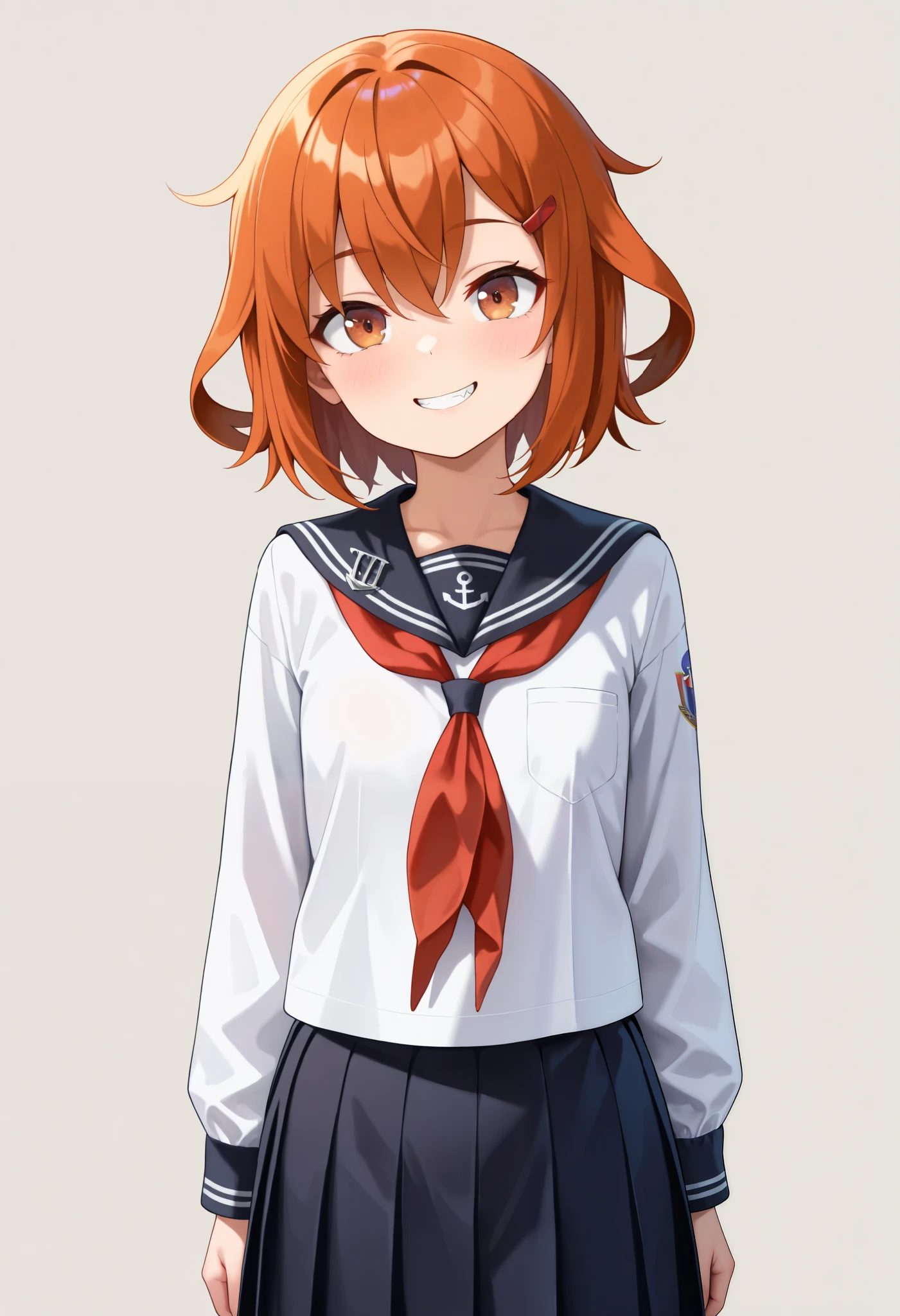 top quality, Amazing Quality , very aesthetic , is ridiculous,
1 girl, ikazuchi \( fleet this\), Hair, short hair, brown eyes, hair clip, tooth,
Anchor Symbol, black sailor color, Long Sleeve , neckerchief , school uniform , Sera Clothing, pleated skirt,
put my hands on my back, smile, whole body, look at the viewers, Alone, simple background, White Background ,