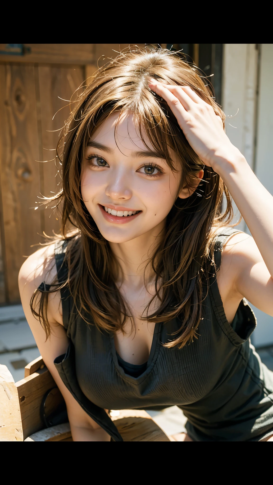 highest quality, masterpiece, Ultra-high resolution, (Realistic:1.4), (Close-up portrait) RAW Photos, 1 girl,20-year-old,((I'm showing my teeth and smiling)),((Big smile)),((Inside the Shinkansen)),((look up)),((Random cute poses)),,((Passionate pink haired girl )),((Pure white T-shirt)),Messy Hair,((Cap Chestnut)),((Short bangs)),Realistic,Image Media Chest)),