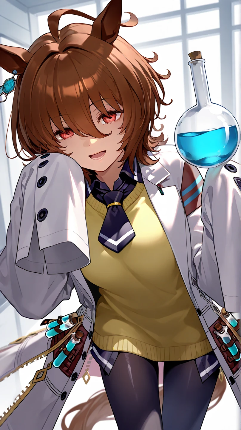 (masterpiece),(Highest quality),High resolution,(Very delicate and beautiful),(Very detailed), alone, Agent Tachyon \(umamusume\) Wearing an earring in one ear, Sleeves longer than the wrist, Collared shirt, Yellow sweater vest, Black Short Tie, Black pantyhose under a white open lab coat and vest with zipper. She is in a dark lab. She is sitting on a chair and holding a small bottle. Close your mouth and laugh softly, View your viewers,Do the splits,パイパンPussy,pussy,Pussy,Crotch,spreading regs