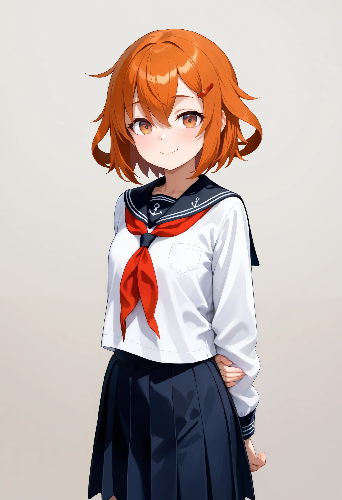top quality, Amazing Quality , very aesthetic , is ridiculous,
1 girl, ikazuchi \( fleet this\), Hair, short hair, brown eyes, hair clip, tooth,
Anchor Symbol, black sailor color, Long Sleeve , neckerchief , school uniform , Sera Clothing, pleated skirt,
put my hands on my back, smile, whole body, look at the viewers, Alone, simple background, White Background ,