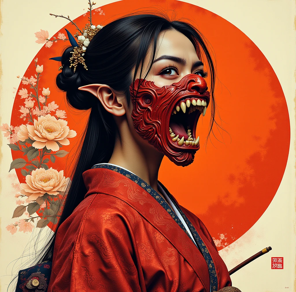 ((Girl with a Balinese monster on her head)), Creepy, (Horror elements), Creepy , (primitive art), old picture scroll style,Ancient mural style
