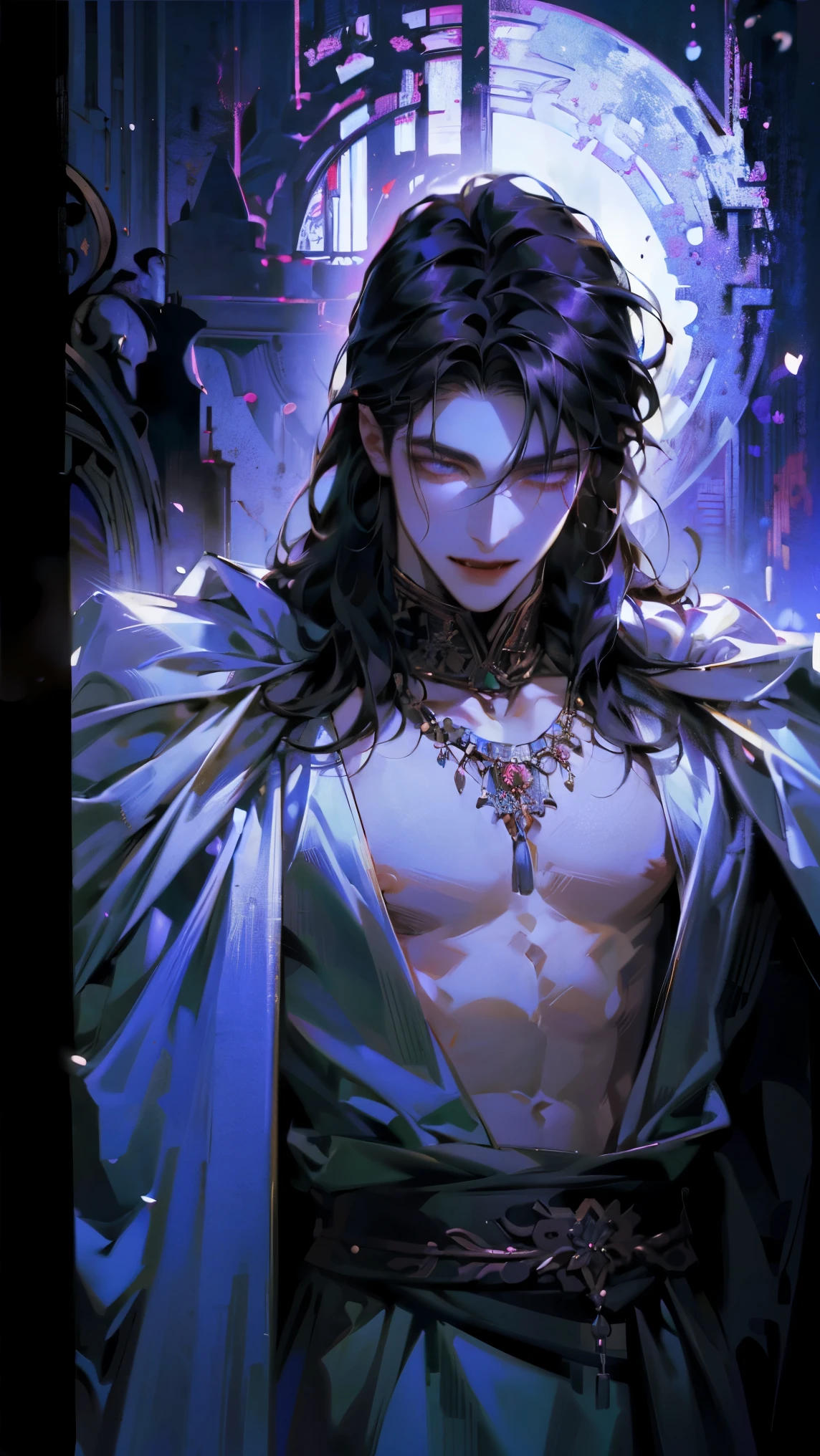 Perfect human body modeling, 1 guy, young boy, handsome, fangs from the mouth, black long hair, shiny hair, glow eyes, white skin, slim-body, Western-style fantasy, RPG, old castle, moonlit night, Vampire Lord, opportunist, white wolf, black Cloak with red lining, tuxedo,