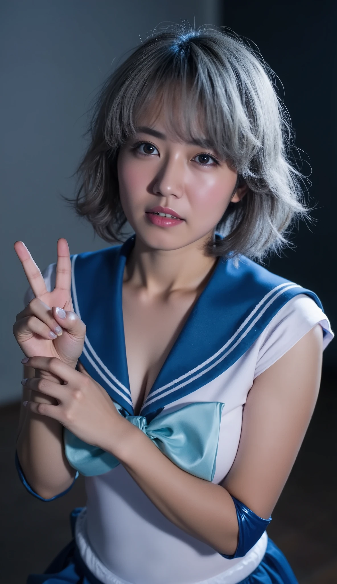 top quality, masterpiece, super high resolution, INCREDIBLE HIGH DEFINITION, very detailed, Delicate and Dynamic,
theme.(Alone).( adult-like Sailor Moon cosplay ),
Outfit Features.( sailor mercury design , Chest).( ankle strap sandals),
hair features .( Silver Pixie Cut , mid-length bangs, The right side is caught in the ear ).(Black inner hair),
facial features .(attractive lips).( red eyes).( provocative and assertive expression ),
compensate.(Heavy makeup).( light blue eyeshadow ).( eyeliner),
Physical characteristics.( tall ).( medium chest).( oil skin ),
pose .(ずる賢そうな pose で前かがみになっている).(Peace sign beside face ),
composition.( from above).(From face to toes),
background.(School rooftop at night).( woman shines thanks to the full moon above ).( The lighting from the front also highlights the beauty of women)
