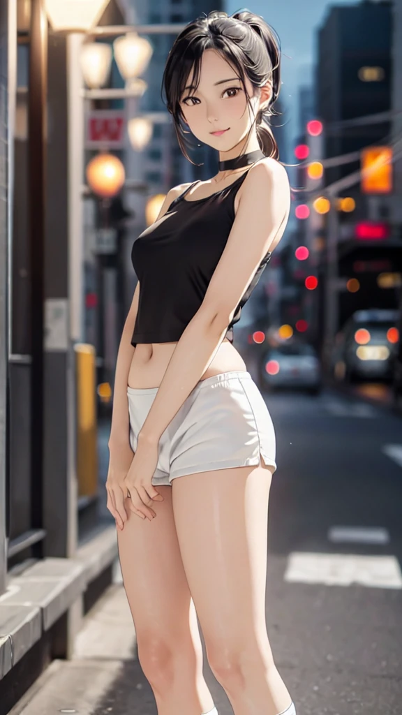 The best smile, 1 girl, (watching viewer), (bokeh: 1.1), parted lips, expressionless, Realistic, arm up, pantyhouse, upskirt, horizon, Realistic, ((Best Quality, 8K, Masterpiece: 1.3)), (Flower cap: 1.3), focus: 1.2, perfect body beauty: 1.4, buttocks: 1.2, (Layered Haircut: 1.2)), ( Dark street: 1.3), Highly Detailed Facial and Skin Texture, full - body, gentle eyes, double eyelids, Whitened Skin, Long hair, (round face: 1.5), (Free crop top, Shorts: 1.6)