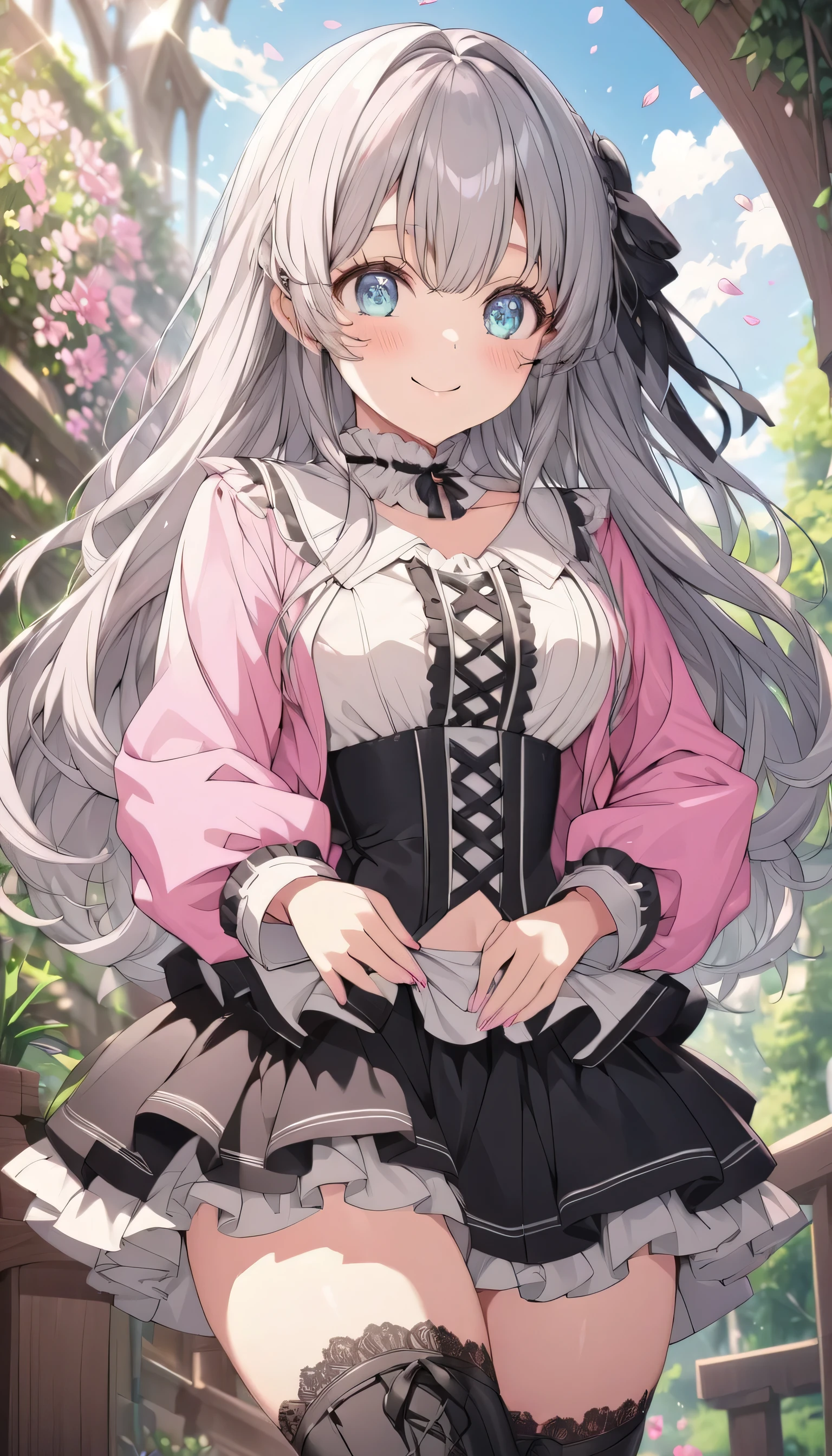 ((ultra-detailed)), (highly detailed CG illustration), (best quality:1.2), ultra-highly detailed, colorful composition, artistic photoshoot, 1girl, solo focus, ((thigh to top:1.4)), ((cowboy shot:1.4)), moe anime character, girl, dainty facial structure, (bab(round face), ((rounded chin:1.2)), ((ideal ratio body proportions)), celia-default, celia claire, (blue eyes), sparkle eyes, silver hair color, long hair, ample breasts, wear a pastel pink midriff jacket over a one-piece blouse dress, pink blazer jacket, layering, separating midriff jacket and one-piece blouse dress, (fitted pastel pink midriff jacket), (cropped design), long sleeves, pastel pink lapeled collar, black and white two block color one-piece blouse dress, black and white two block coloring, white blouse collar with black ribbon, neck and collarbone area is white, narrowed waist, bustier shaped torso, double-breasted on stomach, black lace flared skirt, (layered skirt-hem), black tulle lace on skirt, wide A-line, black skirt, black long boots with lace-up, petals glowing and fluttering, best quality, masterpiece, standing by the victorian garden with flowers, beautiful detailed sky, dynamic pose, from front, expecting, pink cheek, blush, light pink gloss slip, portrait, depth of field, soft lighting, sidelighting, (shine), lighting, caustics, ray tracing, smile, perfect face, lustrous skin, highly detailed face, highly detailed eyes, perfect face, perfect nose, perfect hair, perfect eyes, perfect anatomy, beautiful hair, beautiful small face, extremely detailed face, beautiful detailed eyes, beautiful clavicle, beautiful body, beautiful huge breasts, leavage, breasts squeezed together, equalize the size of the left and right breasts, beautiful thin thighs, beautiful legs, beautiful fingers, 4 fingers, 1 thumb, lovely, (very detailed background:1.0), (highly detailed background:1.0), spring aesthetic, intricate details, joyful atmosphere, spring colors palette, chromatic aberration