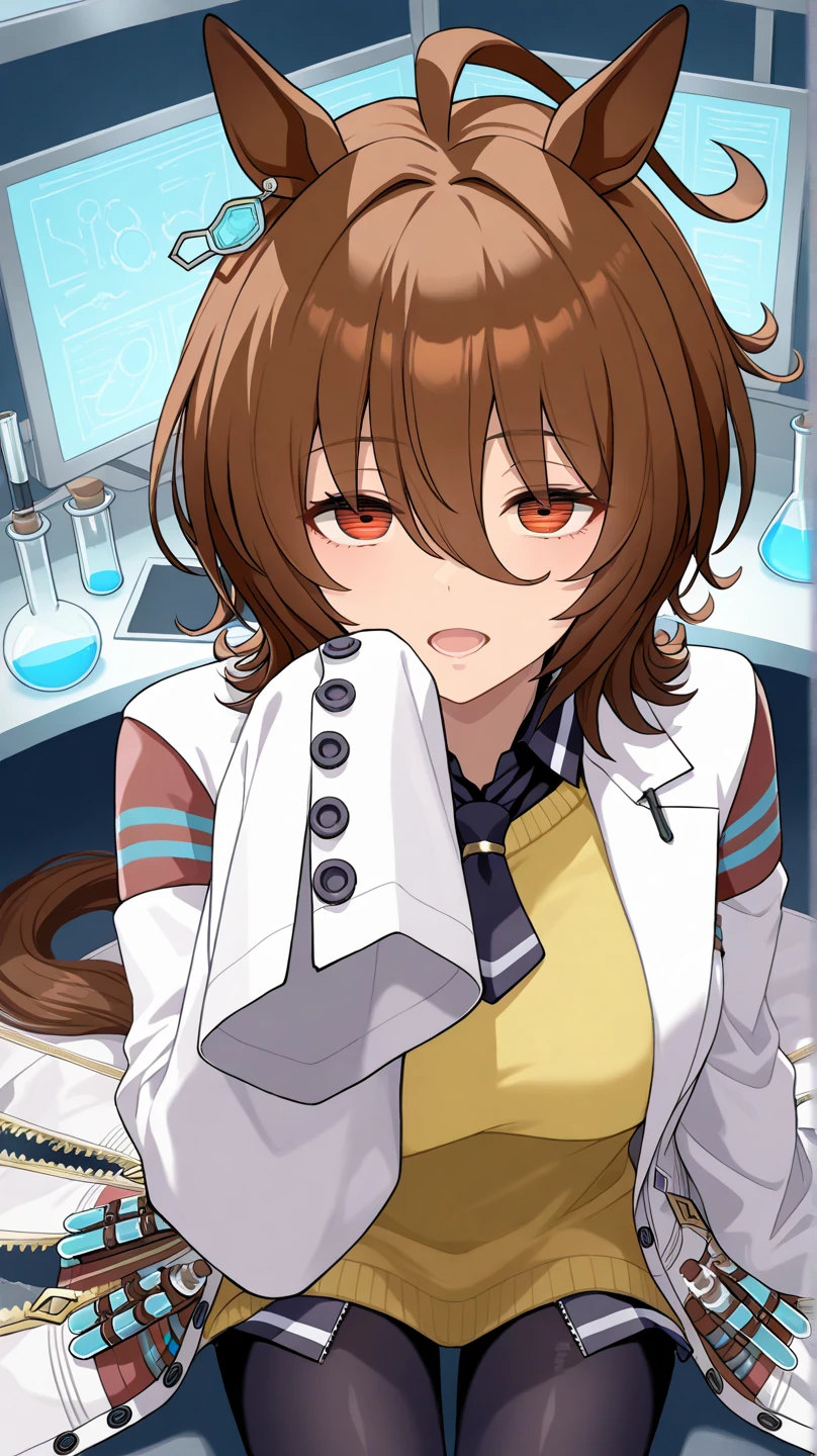 master piece, high quality, 8k, seduction of fellatio, (profile), (temptation by hand), hand in front of chin, (looking at viewer:1.4), pov, 
open mouth, show off inside mouth, (hyper long tongue:1.4), in lab, upper body, 
agnes tachyon \(umamusume\)
, blush, lab coat, tie, sweater, skirt, 
(gigantic breasts:1.3), 
, 0pen, ahegao, ahegao face, 
fellatio_gesture, 
FellatioGesture, 

, seductive smile, 
