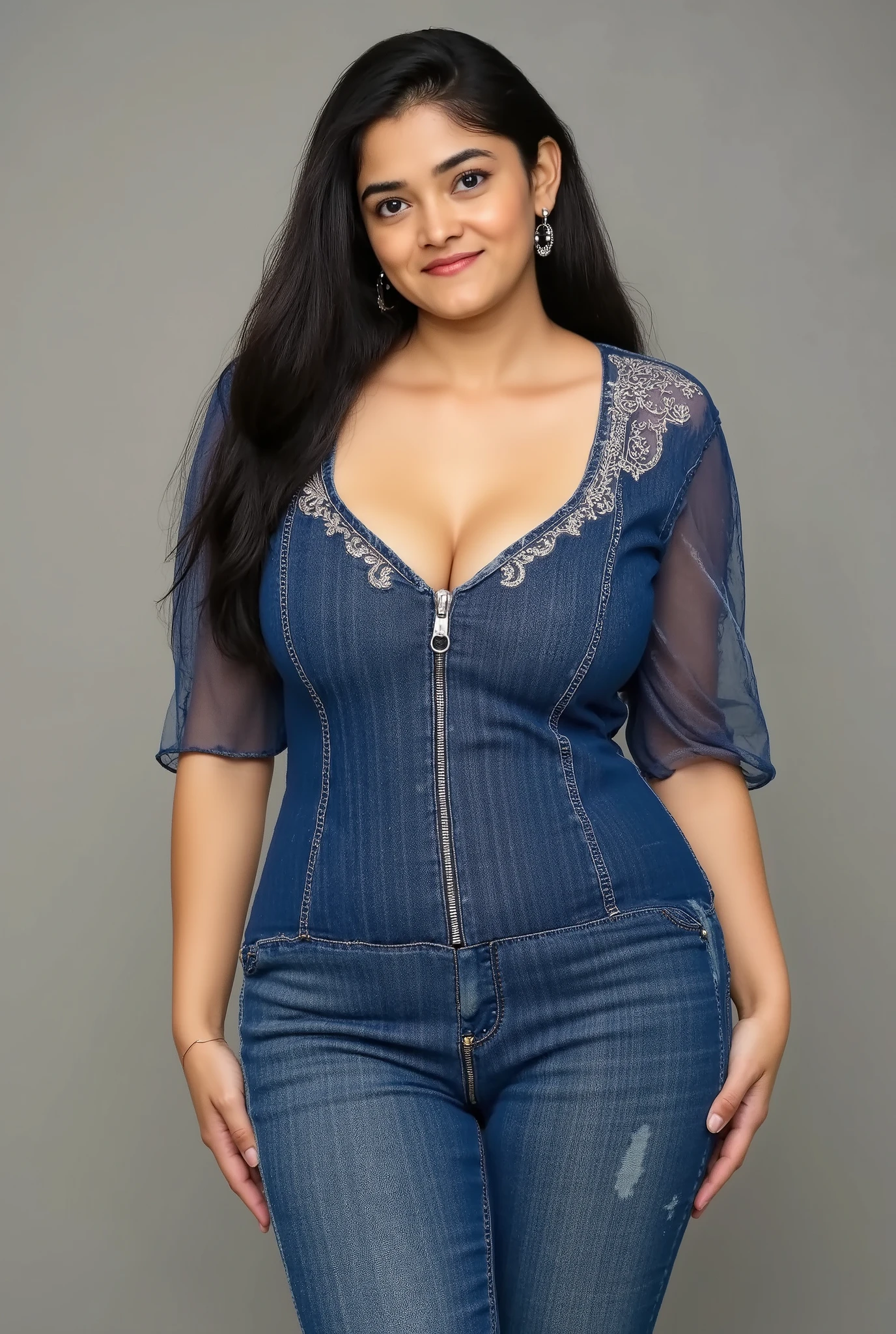 "She is wearing a snug denim jumpsuit with a front zipper, the material stretched taut over her full chest."