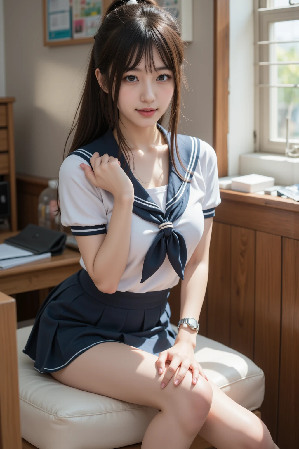 NSFW 、1girl in、(Super beautiful)、(beauitful face:1.3)、(Clear pubic contours)，(spreads her legs)、(((M-shaped legs)))、(tie up with rope:1.4)、Classroom chairs、high-school uniform、Dark blue pleated skirt、(((No panties:1.5)))、(At SFW:1.1)、(((open-shirt)))、(((The shirt is unbuttoned)))、(((cleavage of the breast)))、