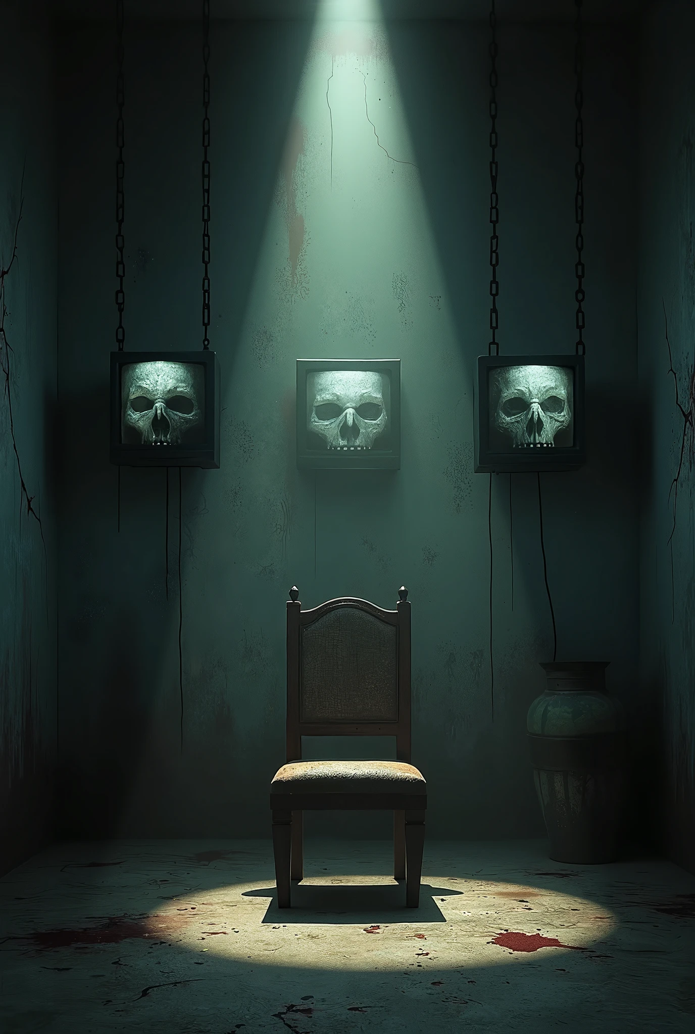 room, (The old man's body was lying on the floor), ominous shadows, skulls and accult drawings on the walls. The walls are a horrible sight! In the dead light of the lamp, Droplets of a hard skull gleamed on them, And everyone looked sternly with the same extremely serious expression on their faces. A body in the middle of the room, without traces of violence and without a single trace of the killer