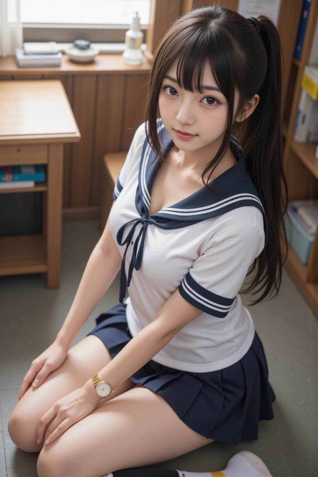 (highest quality,masterpiece:1.3,Ultra-high resolution),(Very detailed、Caustics) (Realistic:1.4, RAW shooting、)Ultra-Realistic Capture、Very detailed、Natural skin texture、masterpiece、(Japanese girl in high school sailor uniform:1.3)、Adorable expression、Expressions of happiness、14 years old、height: 148cm、Young Face、Amazingly cute、Twin tail hairstyle、Straight hair、Scrunchie、necklace、Black Hair、light makeup、Slightly large chest、Bare arms、Shining thighs、Shining ass、Filmed in a junior high school classroom、Background details、Satin fabric panties are visible、smile、An inviting gaze、Anatomically correct、Cowboy Shot、Attention to detail、Poses that accentuate the legs、