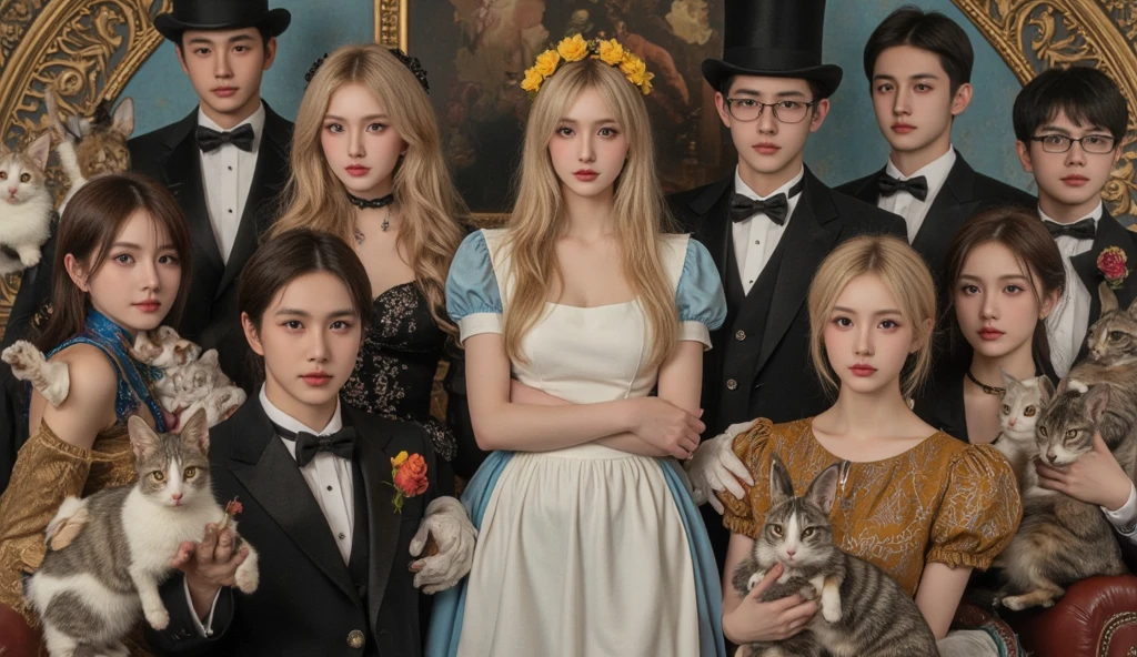3 girls Russian children with 10 years old, WITH LONG STRAIGHT HAIR blonde, PORTRAIT STYLE, hat and jacket, Jean DeVille, is wearing a top hat, is wearing a hat, Fedora, tilting his Fedora, Rankin, top hat, Michel Ocelot, promotional image, Mario Testino, promotional photo, profile picture, wearing a top hat, masterpiece, guilt!, with hat, black stetson and coat