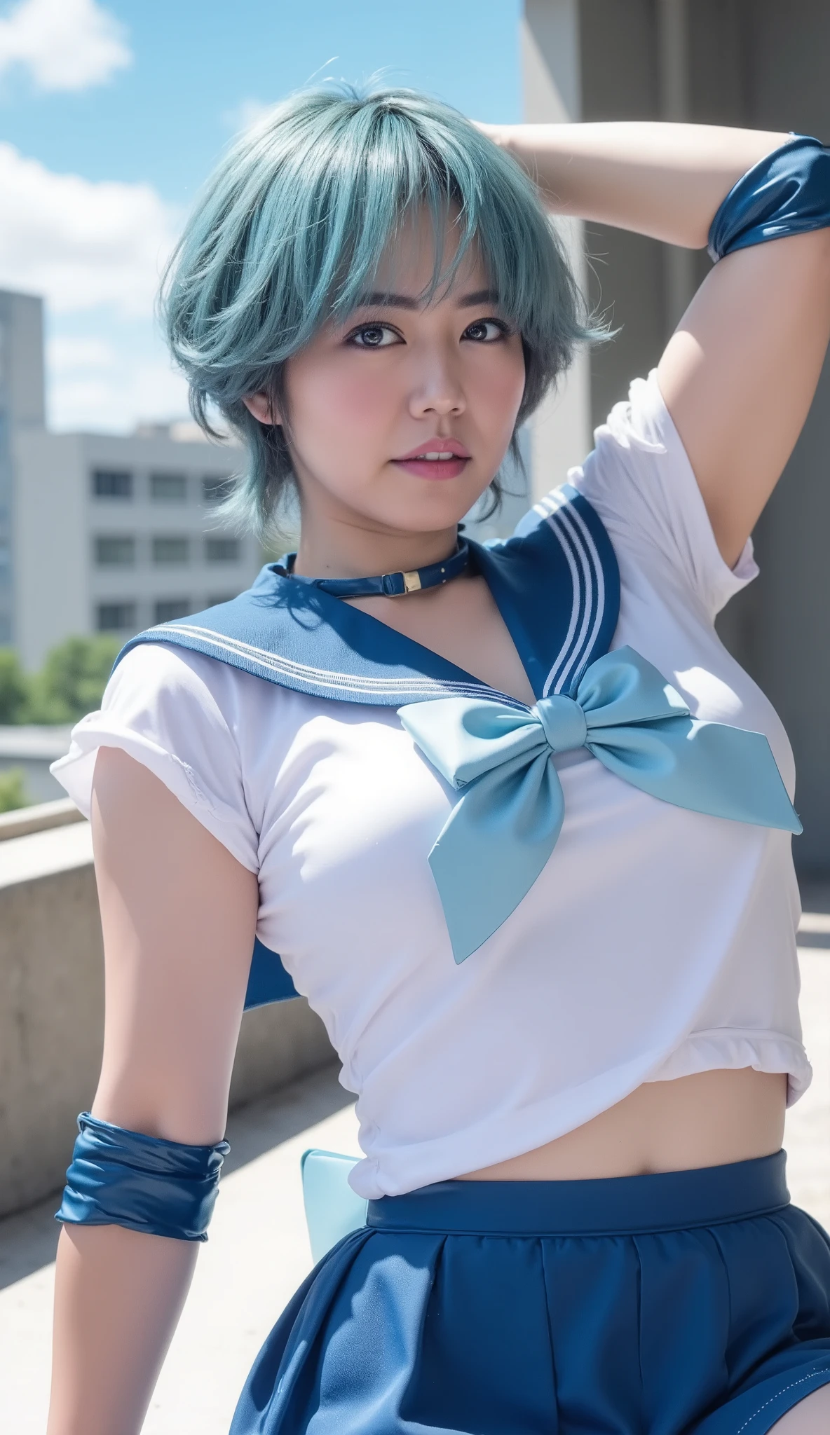 Top quality, masterpiece, very high resolution, incredibly absurdres, highly detailed, delicate and dynamic,
Theme.(Solo).(Sailor Mercury cosplay),
Clothing characteristics.(Blue sailor uniform with a handmade feel, ankle strap sandals),
Hair characteristics.(Light blue pixie cut, right side pinned to ear).(Black inner hair),
Facial characteristics.(Attractive lips).(Red eyes).(Overwhelmingly beautiful skin).(Evil smile),
Makeup.(Heavy makeup).(Light blue eyeshadow).(Eyeliner),
Body characteristics.(Big breasts).(Oil skin),
Pose.(Lying on back with arms raised),
Composition.(Thigh shot).(Close up on chest),
Background.(School roof in the morning).(Woman is shining from the sun above).(Lighting from the front also highlights the beauty of the woman)
