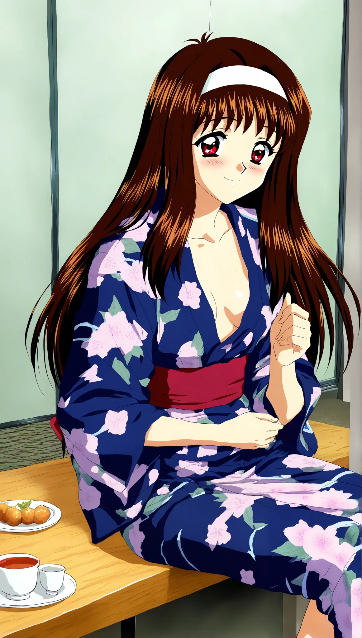 Anime girl in a kimono sitting on a table with a cup of tea - SeaArt AI