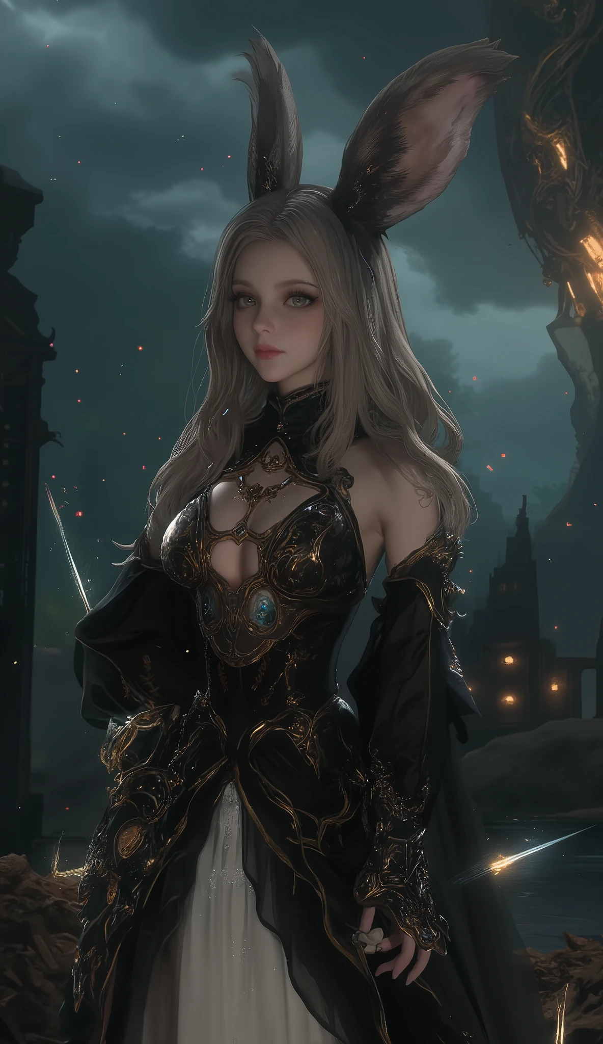 Japanese anime style , Solo Girl, date with Viera in a gothic dress , dating in ruins where destroyed mechanical life forms lie, Viera seems to be having a great time , with Viera smiles , , ( Big red neon sign written on it " thanks 600 followers ":2.0),
