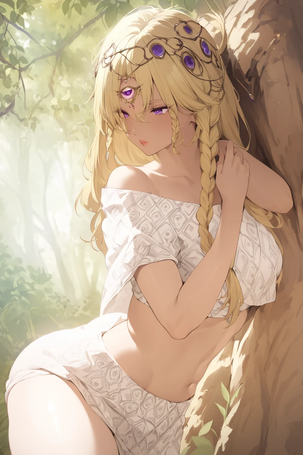 anime girl, blonde hair princess girl, small girl, white dress, with gold crown, face on camera, tight shirt, show large chest, dark isekai, shy girl, pitiful face, face forward to camera, asking pose, pink cheeks, half body, body on iron chain, smile, gold eyes, show cleavage very big breast, zoom very big breast, face and breast in front, ensure she wear long pants, wet breast, watery breast, lay on grass, zoom front breast and face only, no nails, remove the nail, do not show the nails, girl tighten on iron chains like a slave, head pop up front, lot of iron chains, anime girl leans forward, lying grass, looking at viewer