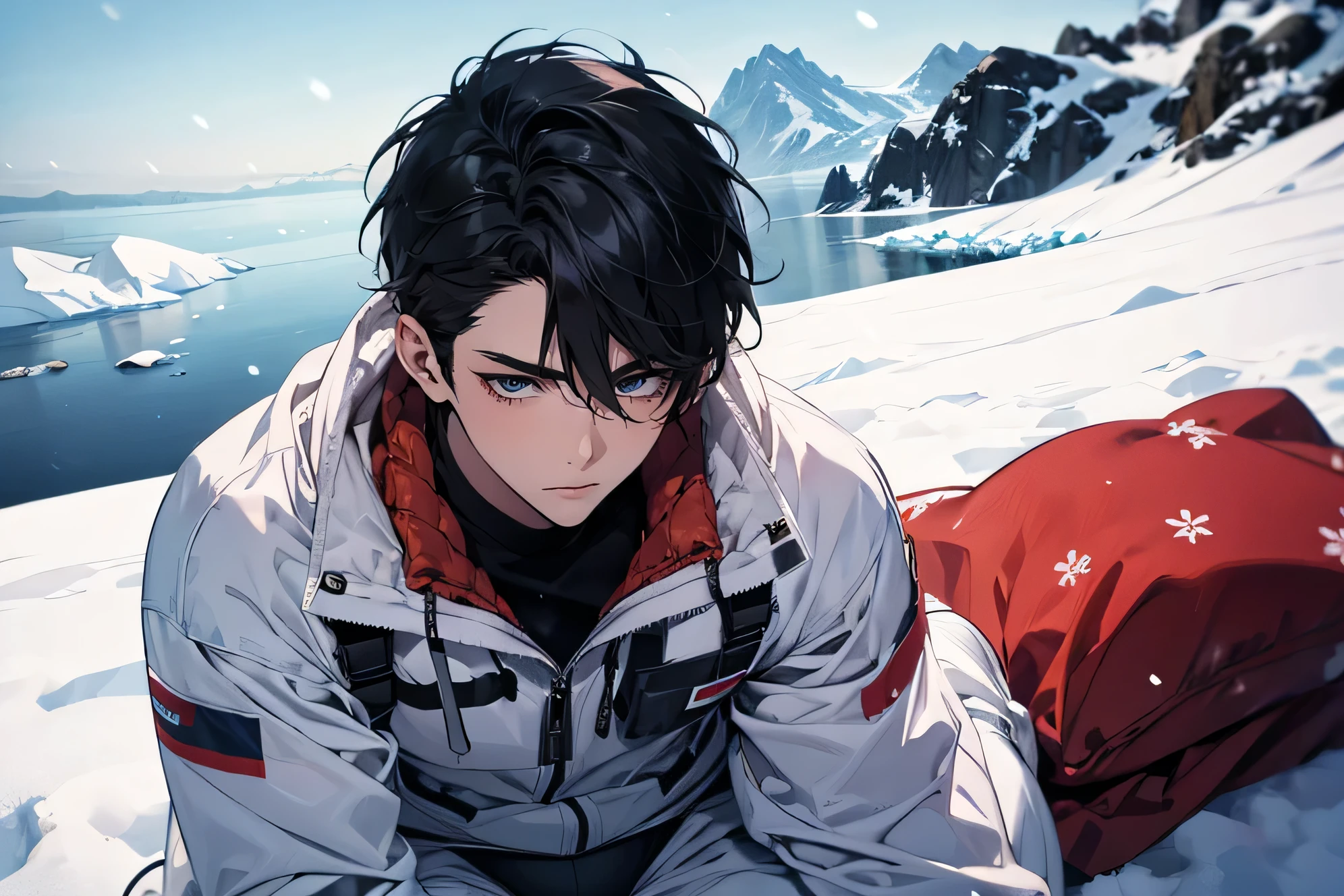 Japanese handsome black hair short cropped male Slim figure Bulge Sheer Bright White Compression Suit Face close-up The background is Antarctica In the snow The background is Antarctica Just snow Japanese handsome 短い black hair short cropped Sit on your lap in the snow open A look of pity composition from directly above Nude Lower Body with Pink Briefs Face close-up Face super up Adult man looking up at camera