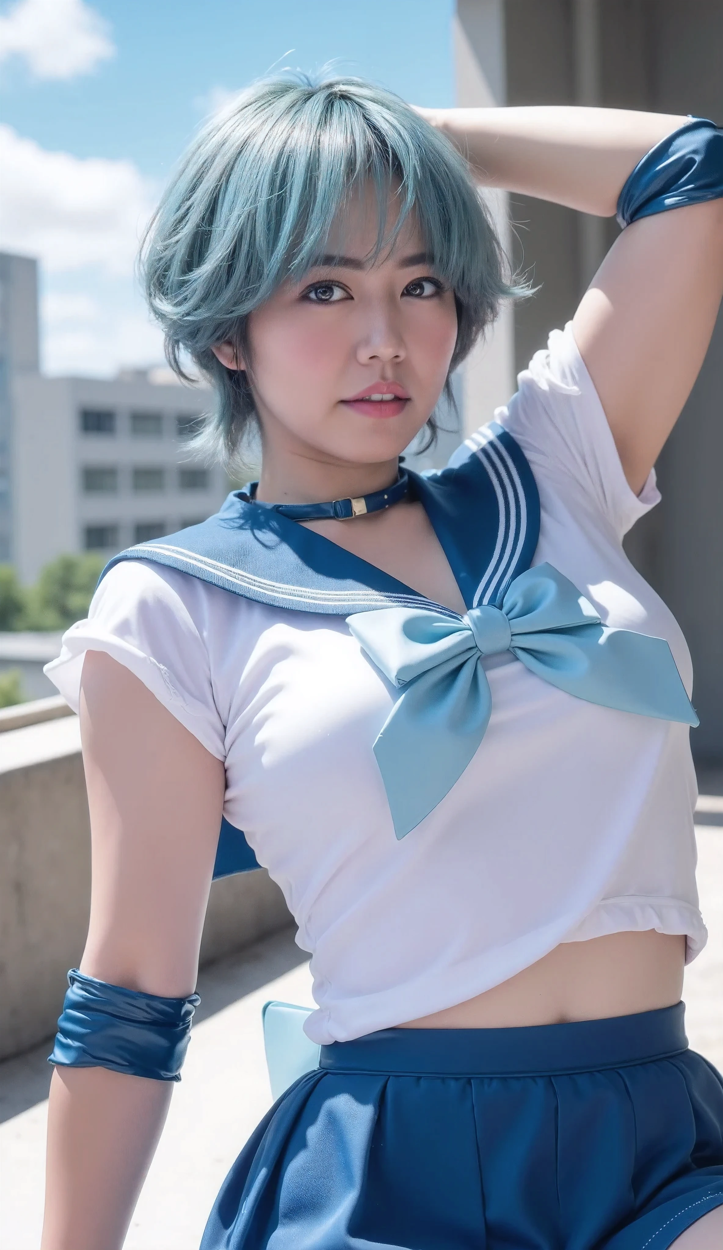 Top quality, masterpiece, very high resolution, incredibly absurdres, highly detailed, delicate and dynamic,
Theme.(Solo).(Sailor Mercury cosplay),
Clothing characteristics.(Blue sailor uniform with a handmade feel, ankle strap sandals),
Hair characteristics.(Light blue pixie cut, right side pinned to ear).(Black inner hair),
Facial characteristics.(Attractive lips).(Red eyes).(Overwhelmingly beautiful skin).(Evil smile),
Makeup.(Heavy makeup).(Light blue eyeshadow).(Eyeliner),
Body characteristics.(Big breasts).(Oil skin),
Pose.(Lying on back with arms raised),
Composition.(Thigh shot).(Close up on chest),
Background.(School roof in the morning).(Woman is shining from the sun above).(Lighting from the front also highlights the beauty of the woman)