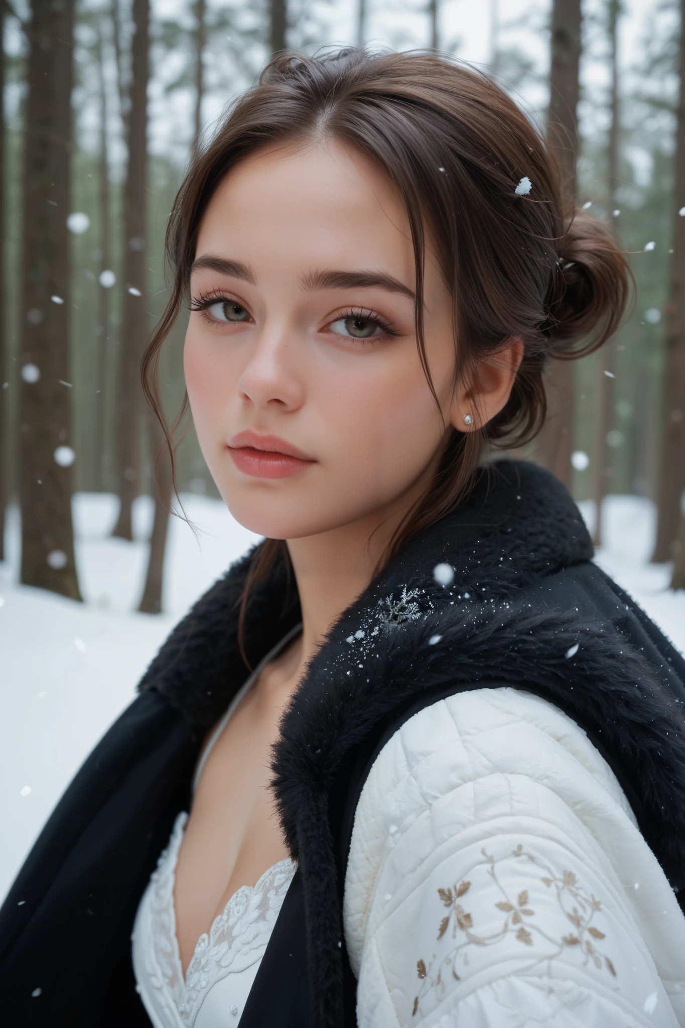 RAW Photo, professional color graded, BREAK portrait photograph of girl Adr1anaCh3chik, (makeup, eyeliner), ponytail hair, wearing beautiful dress, snowy background, sharp focus, HDR, 8K resolution, intricate detail, sophisticated detail, depth of field, analogue RAW DSLR, photorealistic, looking at viewer, full body,