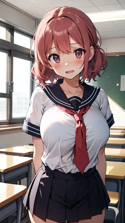 female teacher(36 years old、Brown Hair、tall、Big Breasts)and female student(、Red hair、Flat Chest、Small children)Quarrel、Angry expression、Glare、Nipples、classroom、Taking off underwear