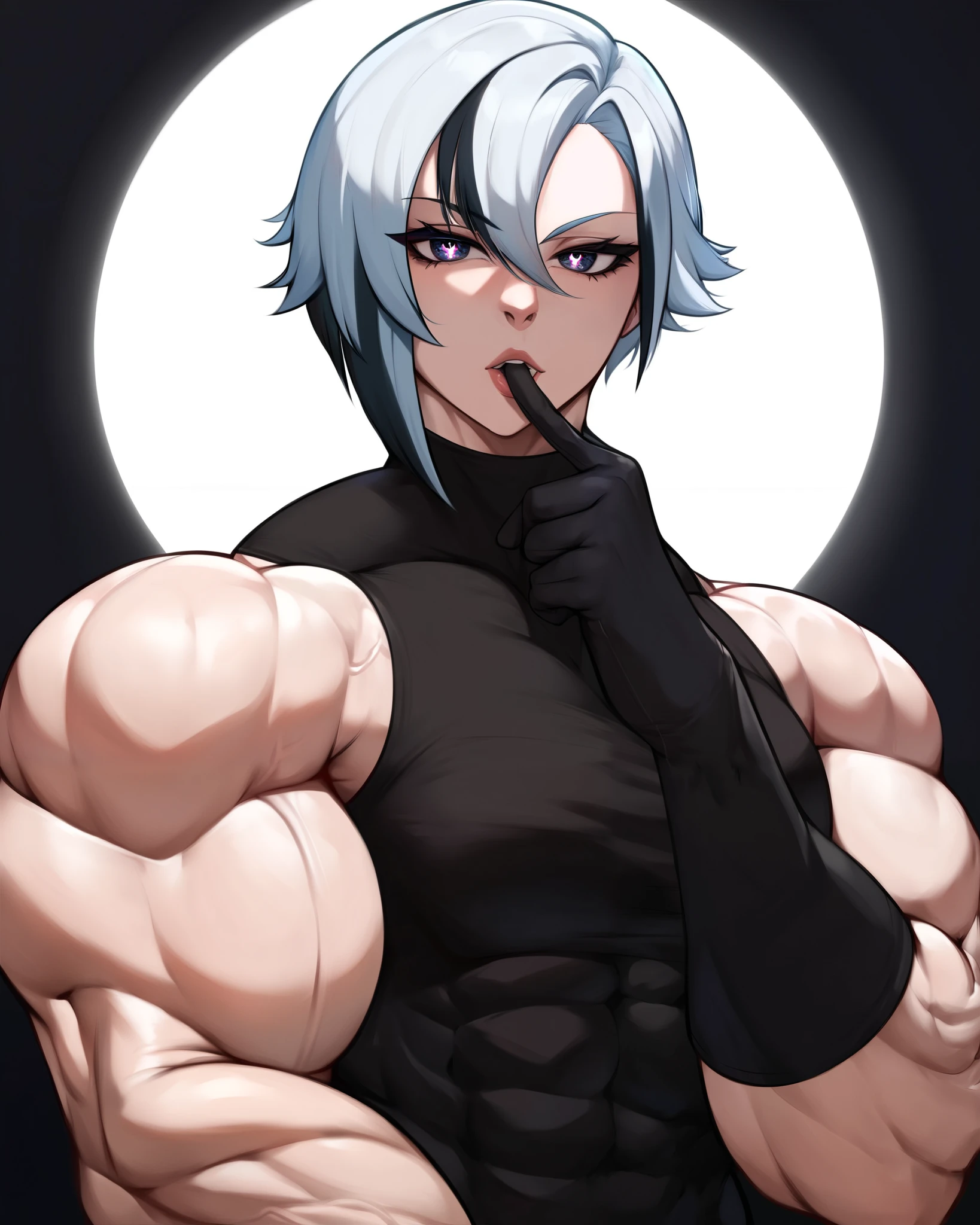best quality, masterpiece,lora:arlecchino_new:1>ï¼parted_lips, sidelocks, turtleneck, black_gloves, x-shaped_pupils, :d, looking_at_viewer, simple_background, highres, english_commentary, finger_to_mouth, index_finger_raised, solo, grey_background, 1girl, arlecchino_\(genshin_impact\), long_sleeves, absurdres extremely muscular woman, flawless perfectly trained body, zero body fat, mighty and hypermuscular professional female bodybuilder, dominant woman, great muscle definition,
