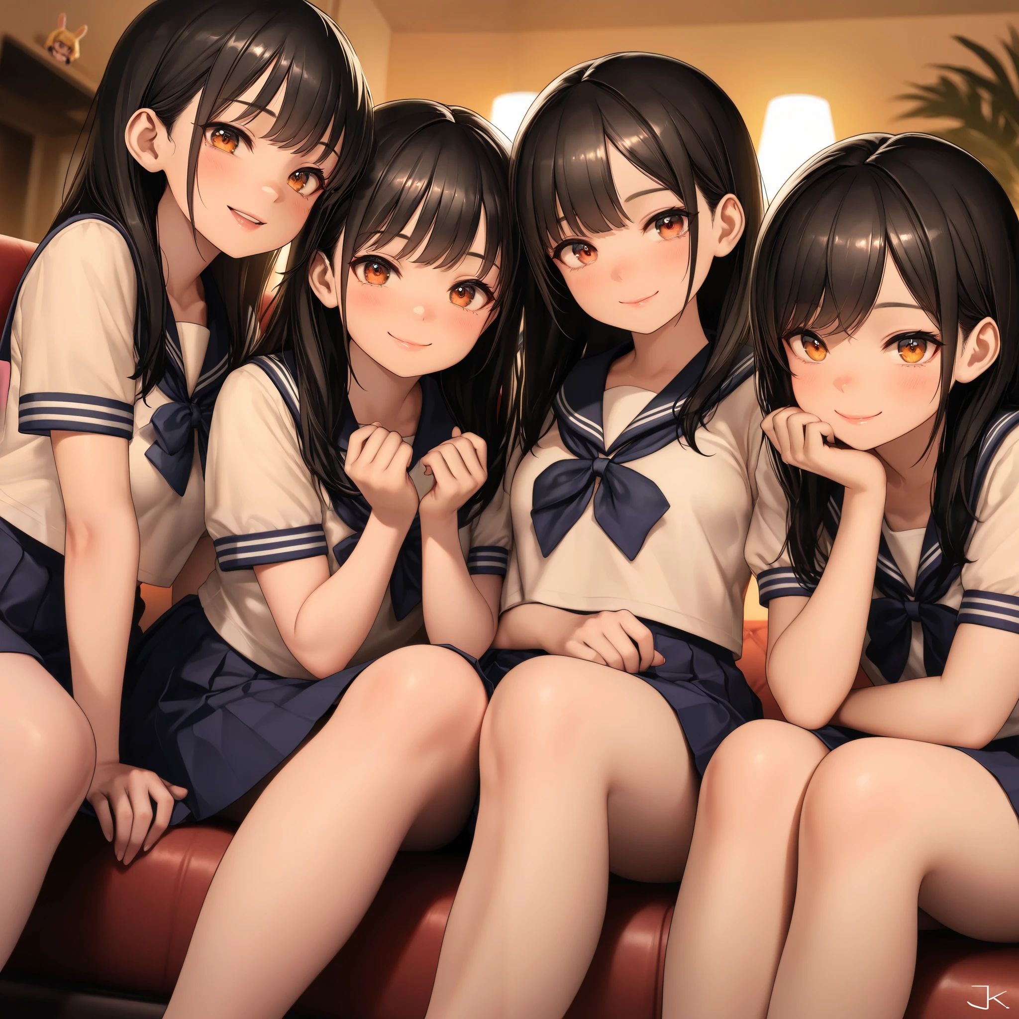 (((Highly detailed, sharp detail, vibrant colors, masterpiece, ultra-realistic, 8K, 4K, cinematic lighting, Extremely detailed, perfect hands, detailed eyes, absurdres, hires, highres, good hands, detailed hands, detailed background, detailed clothes, extreme detail, warm colors, playful, uplifting, beautiful lighting, Kawaii design)), multiple girls, group picture, lineup, 6+girls, black hair, random hairstyles, amber eyes, cute nose, plump lips, round face shapes, tiny and petite body types, pale skin tone, cute, Effortlessly beautiful, cute Japanese school girl clothes, happy and obedient expressions, hive mind theme, alien Japanese girls, American living room background, large couch, sitting and standing around couch, slightly NSFW, JK, alien humanoid