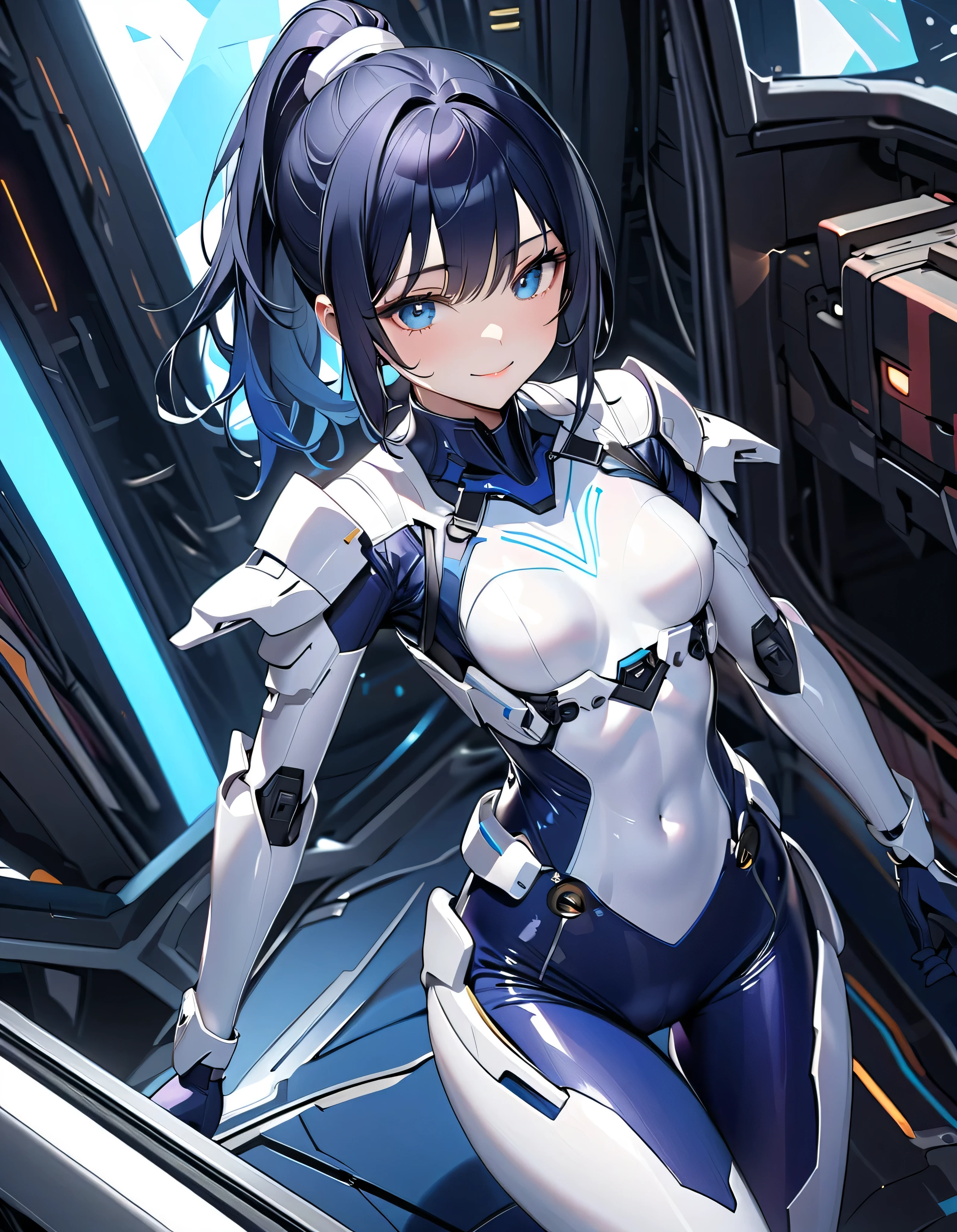 Sexy white cyborg suit、17 years old、beautiful girl、ponytail、Black Hair、fight、blue beam、universe space