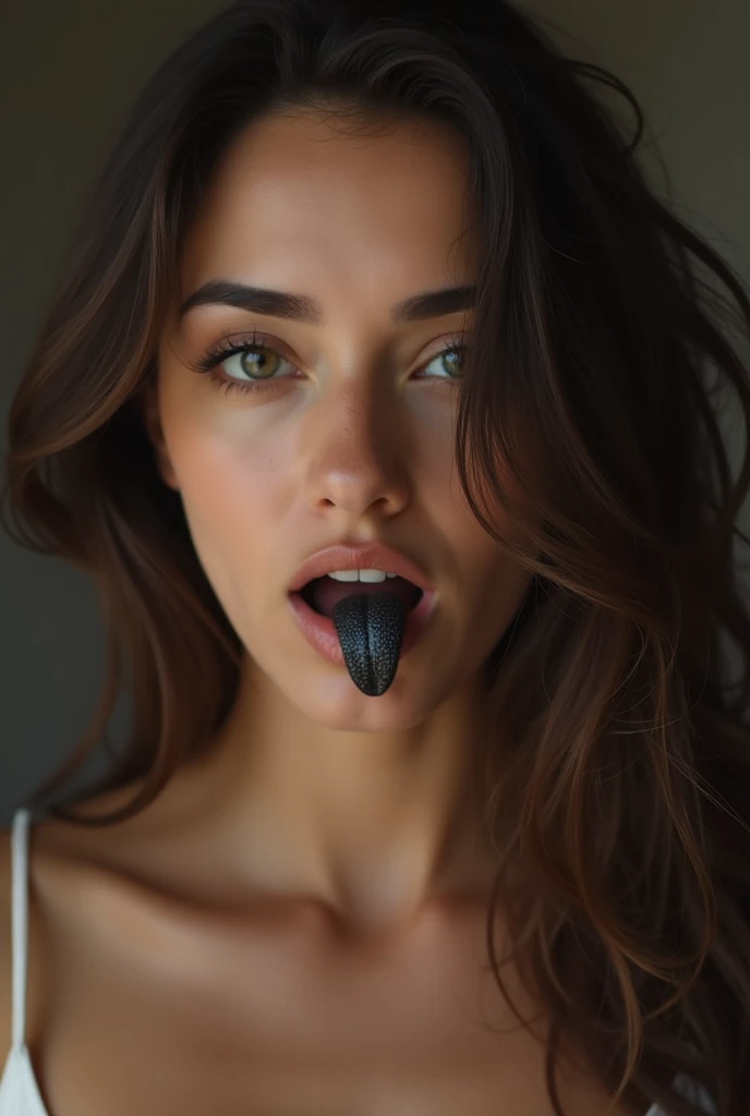 (photorealism:1.2), realistic. RAW. A milf woman , realisitic , in the house bedroom , holding a big black dildo , a very sensual teasing tongue , front camerashot , straight face, realistic , selfie format. Naked body shaved parts.